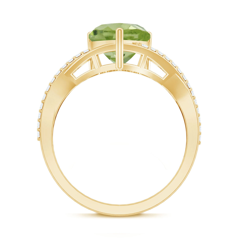 Natural 2 Carat Peridot Heart Engagement Ring with Diamond Crossover Shank