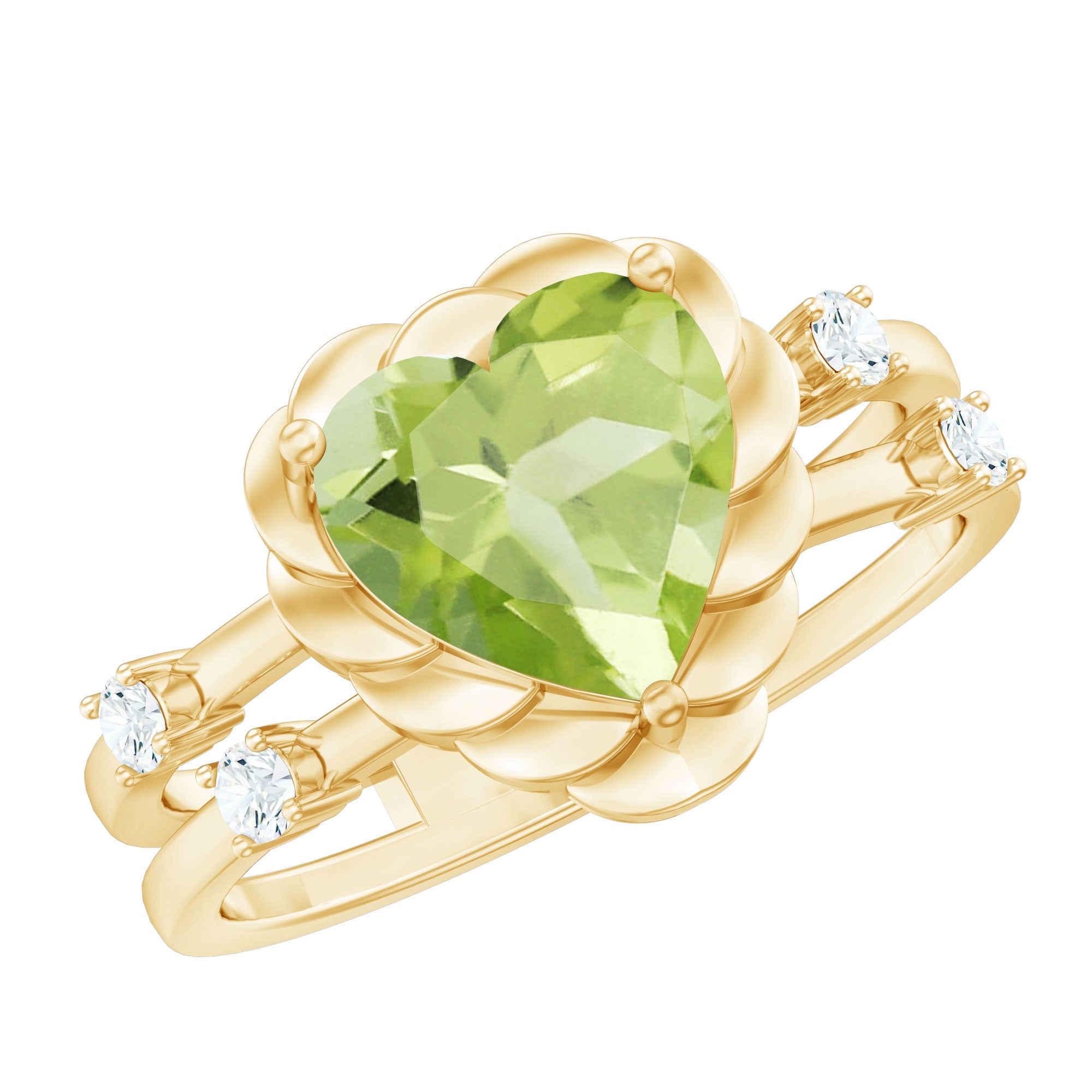Heart Shape Peridot Solitaire Band Ring with Diamond Stones
