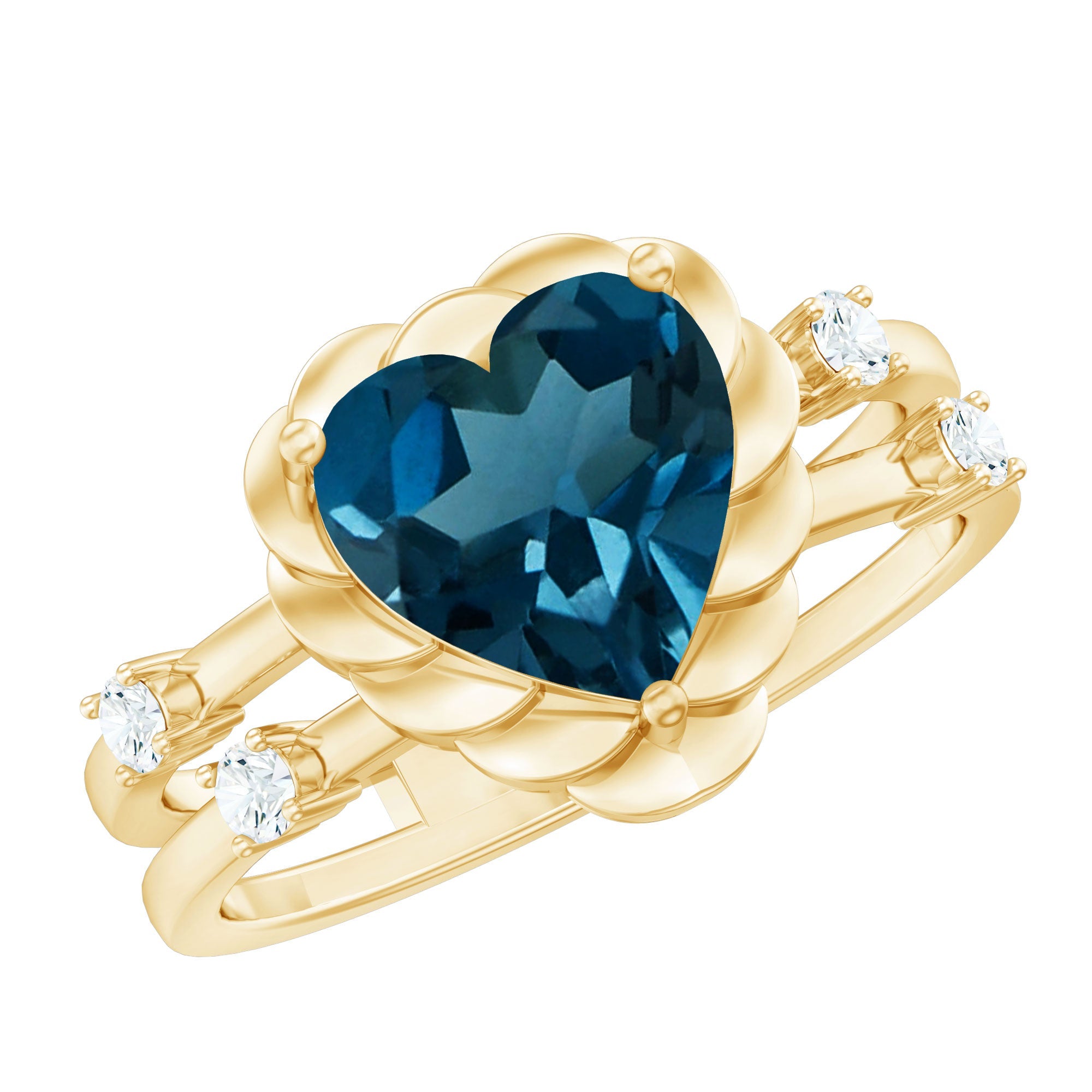 2 Carat Heart Shape London Blue Topaz Double Band Ring with Diamond