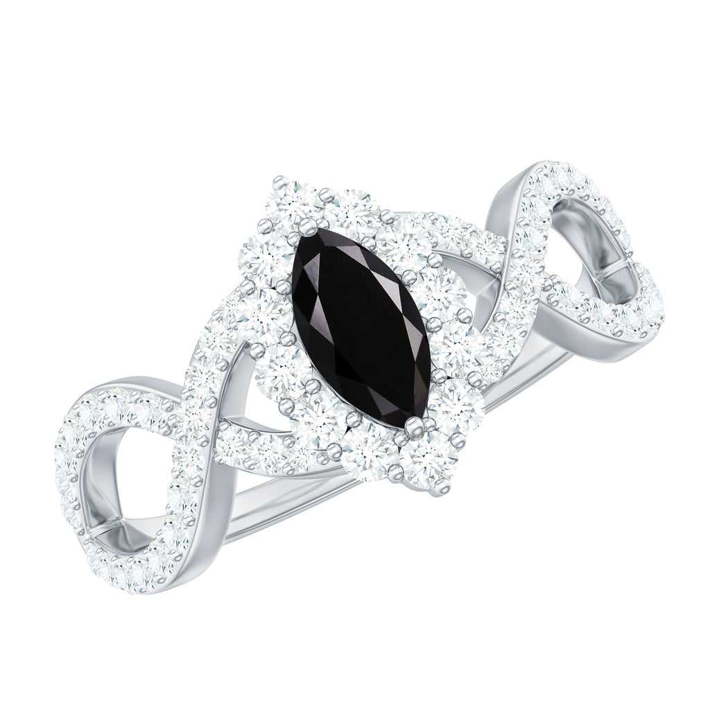 0.7 Carat Marquise Cut Black Onyx Statement Engagement Ring with Diamond Halo