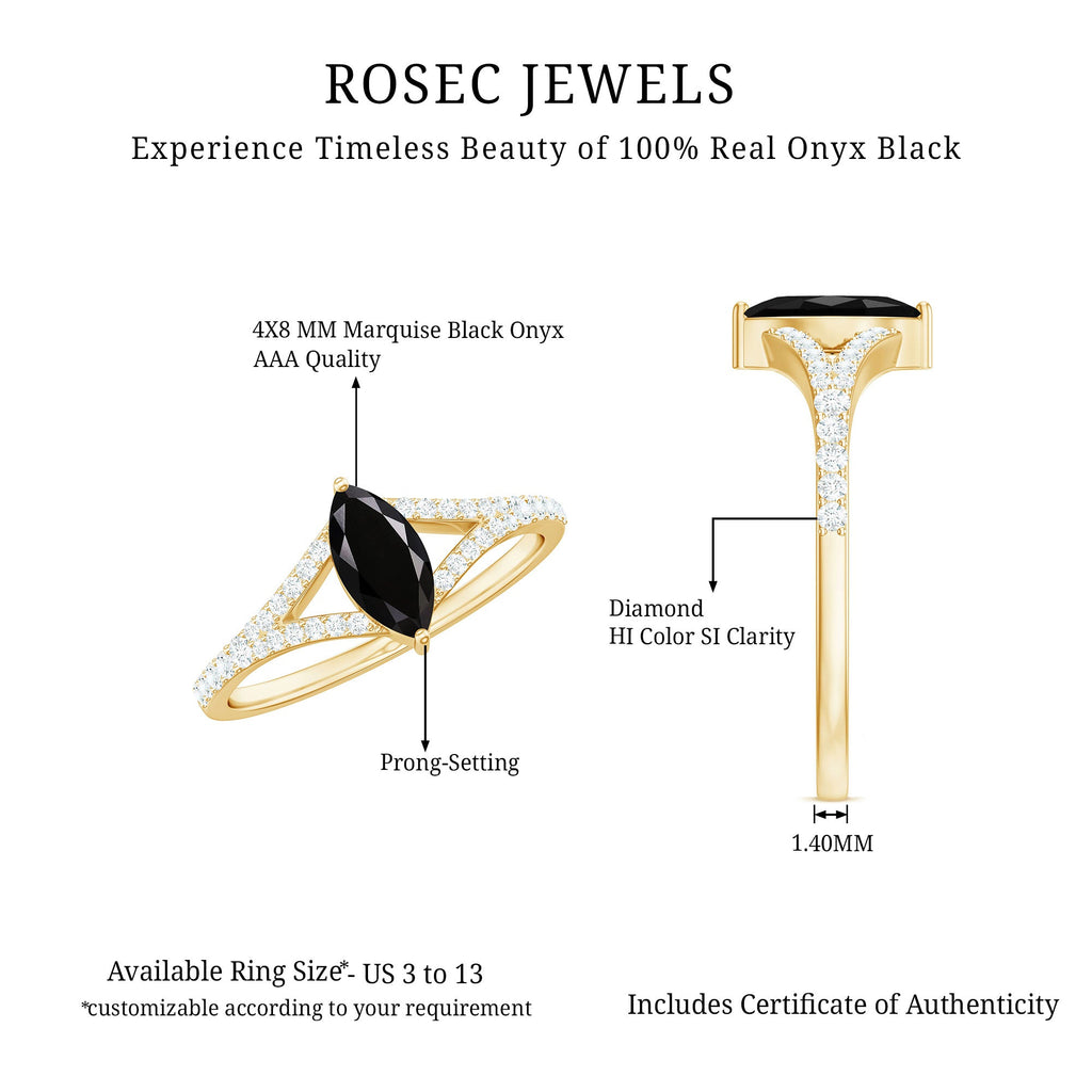 0.7 Carat Marquise Cut Black Onyx Engagement Ring with Diamond Split Shank