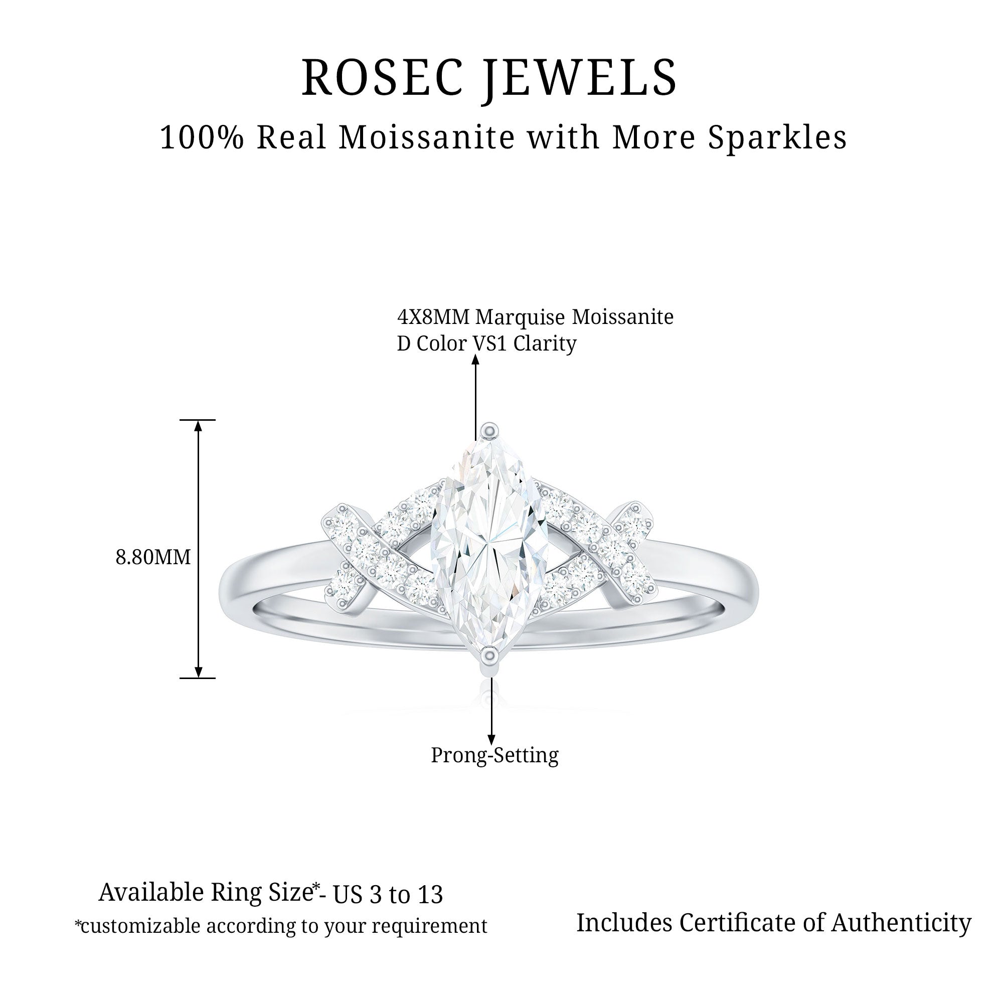 Certified Moissanite Marquise Engagement Ring for Women