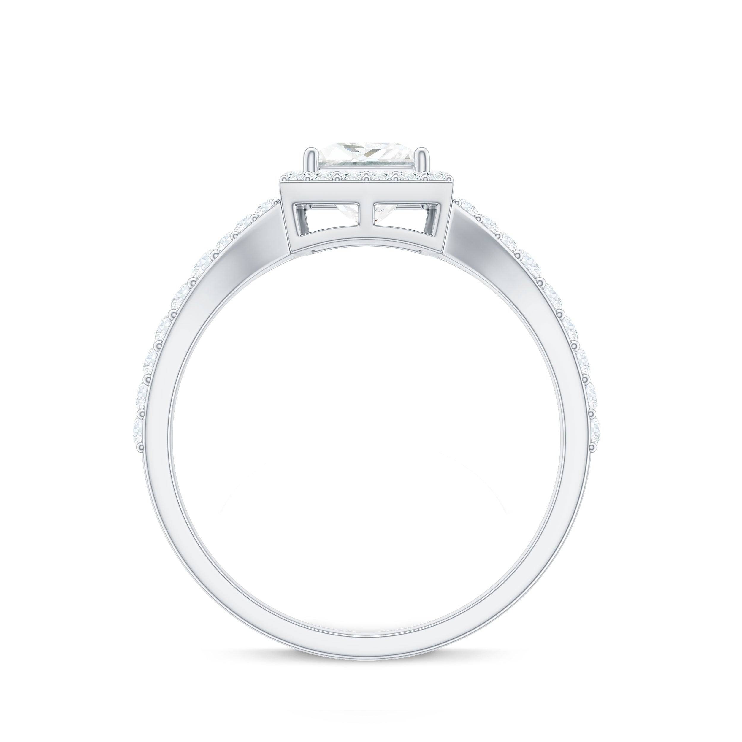Princess Cut Moissanite Halo Engagement Ring with Split Band