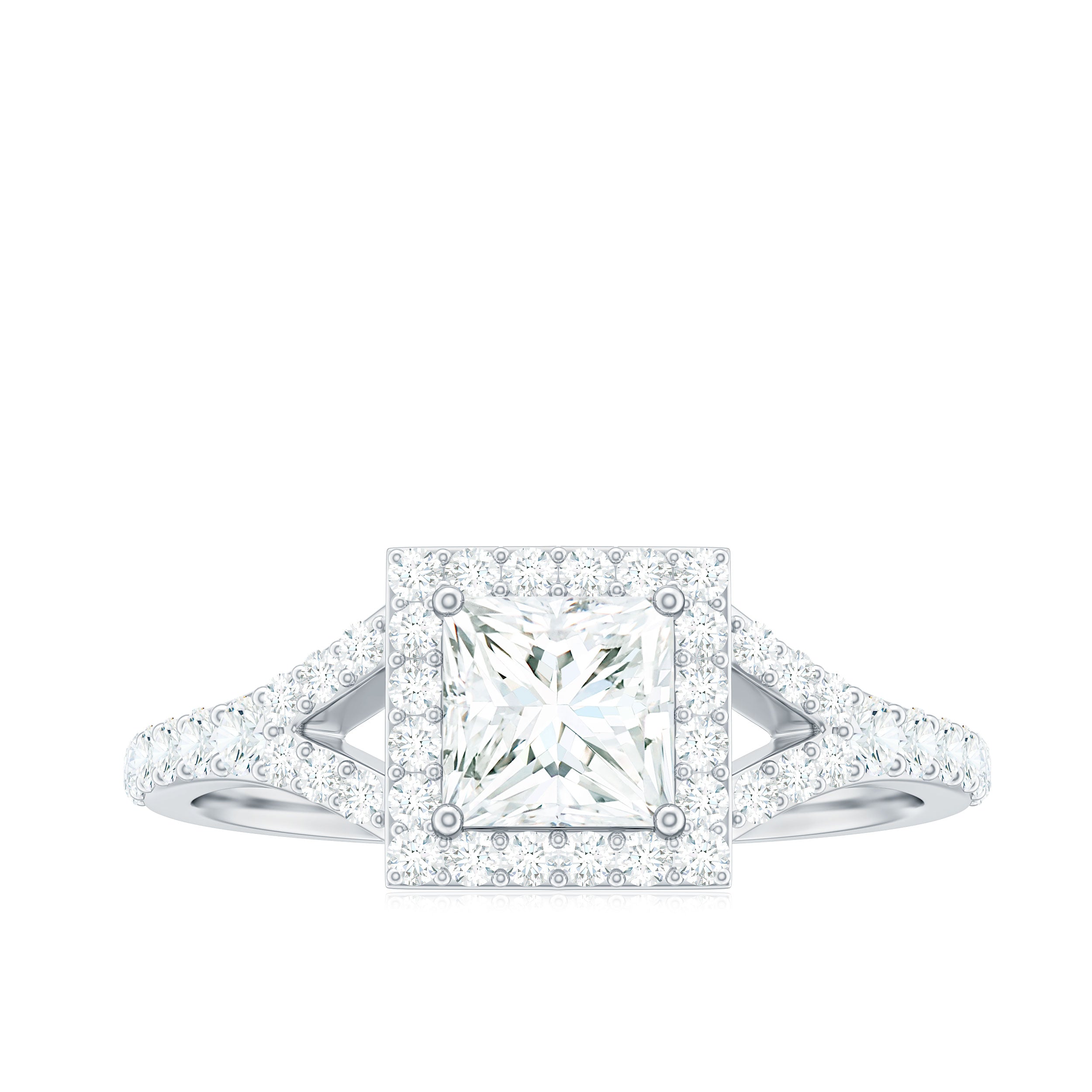 Princess Cut Moissanite Halo Engagement Ring with Split Band