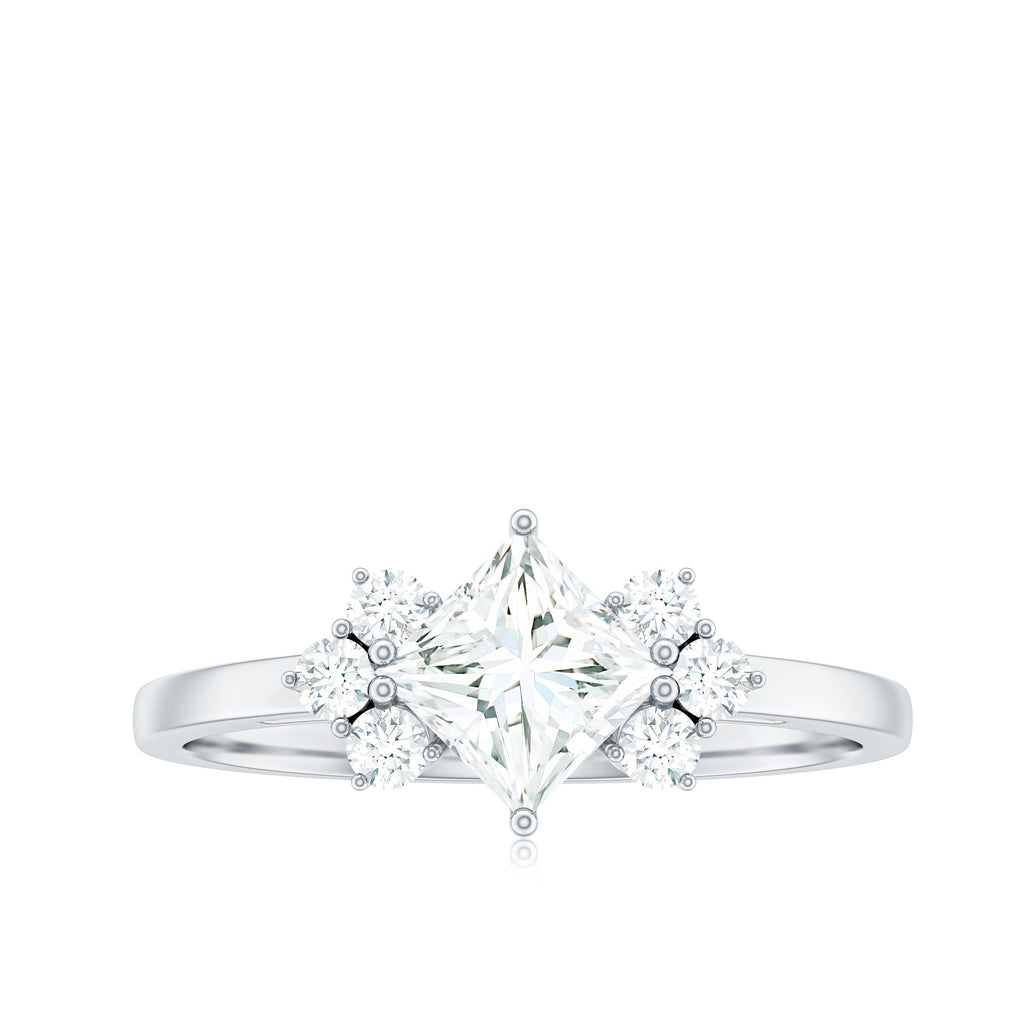 Princess Cut Moissanite Engagement Ring with Trio