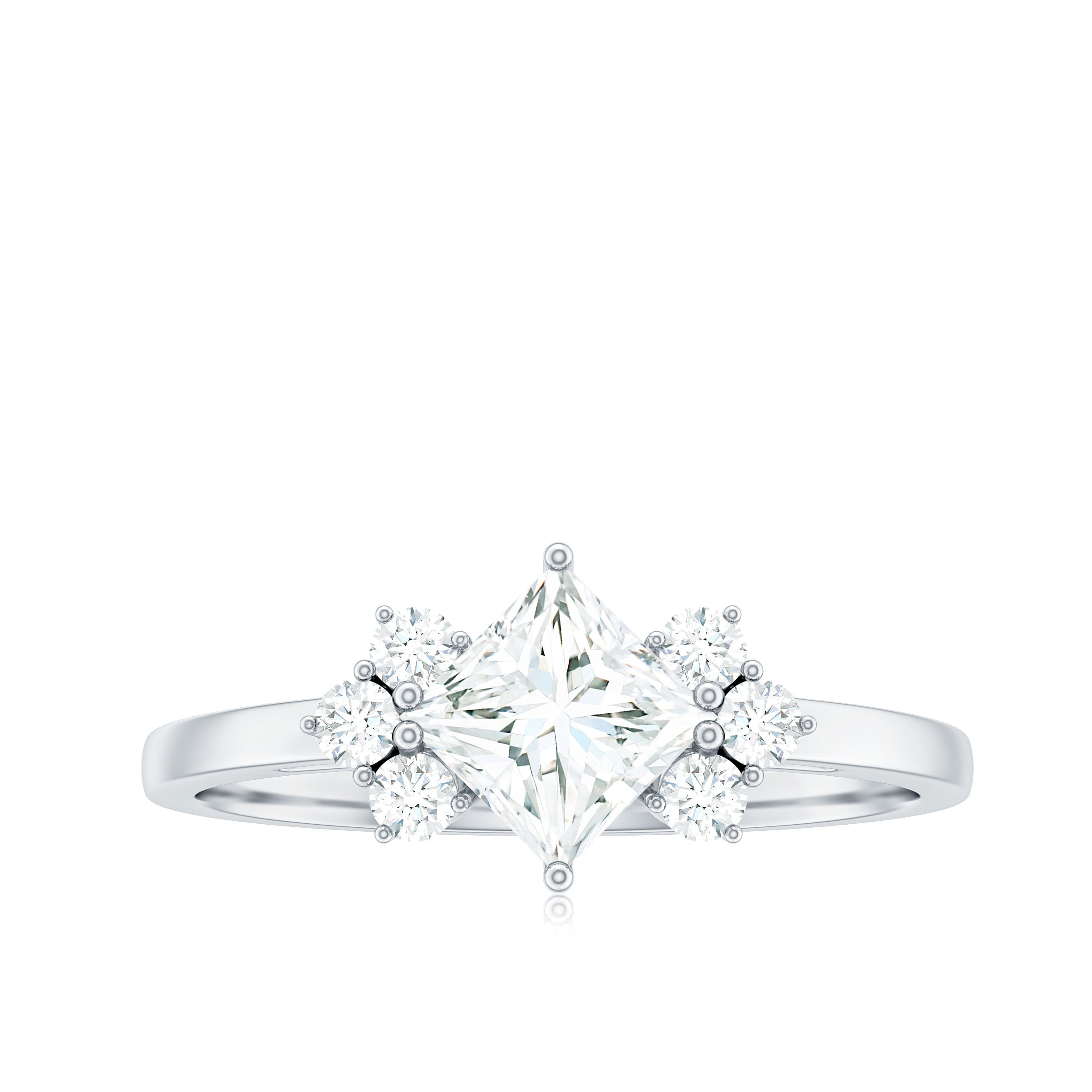 Princess Cut Moissanite Engagement Ring with Trio