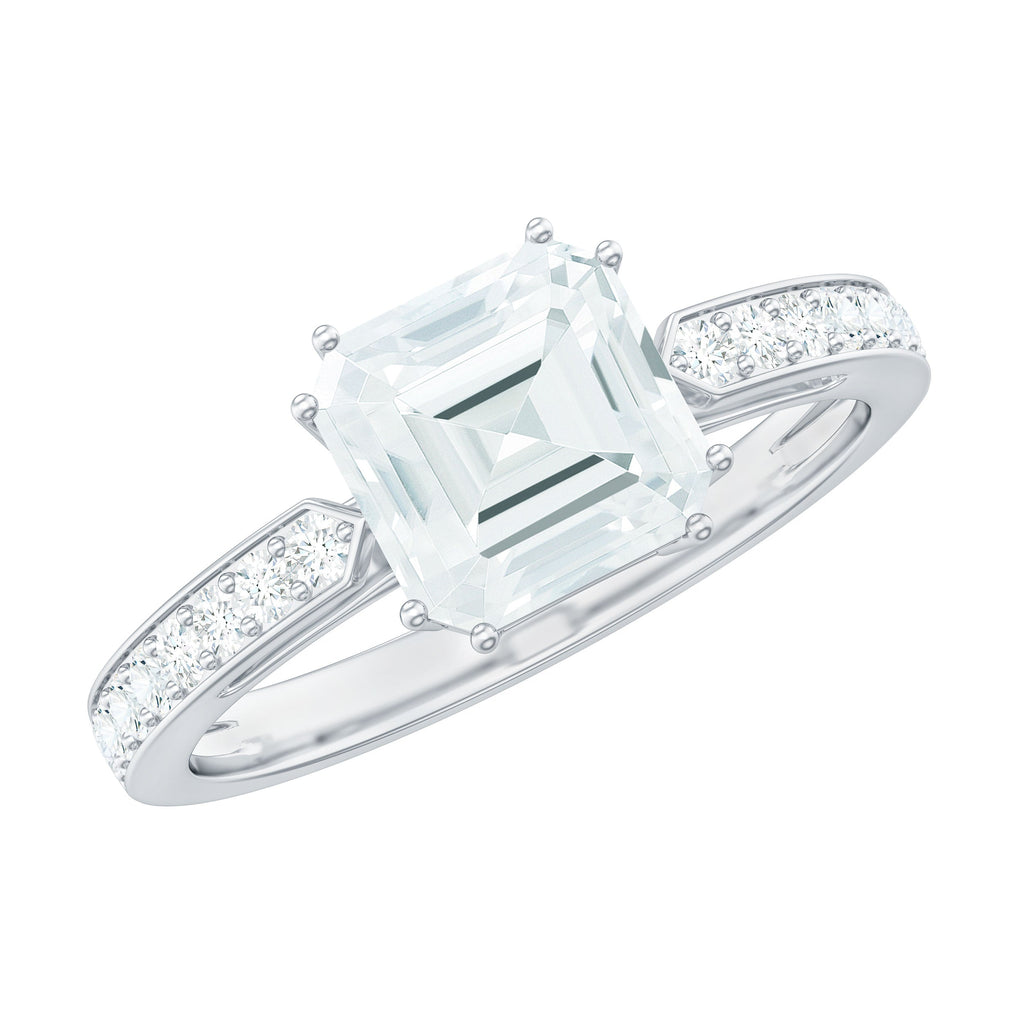 3 Carat Asscher Cut Moissanite Solitaire Engagement Ring with Side Stones