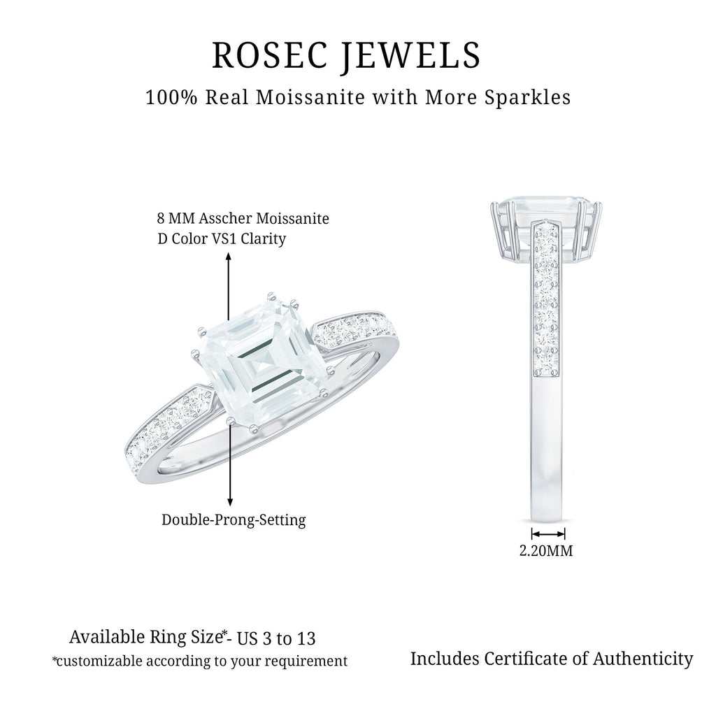 3 Carat Asscher Cut Moissanite Solitaire Engagement Ring with Side Stones