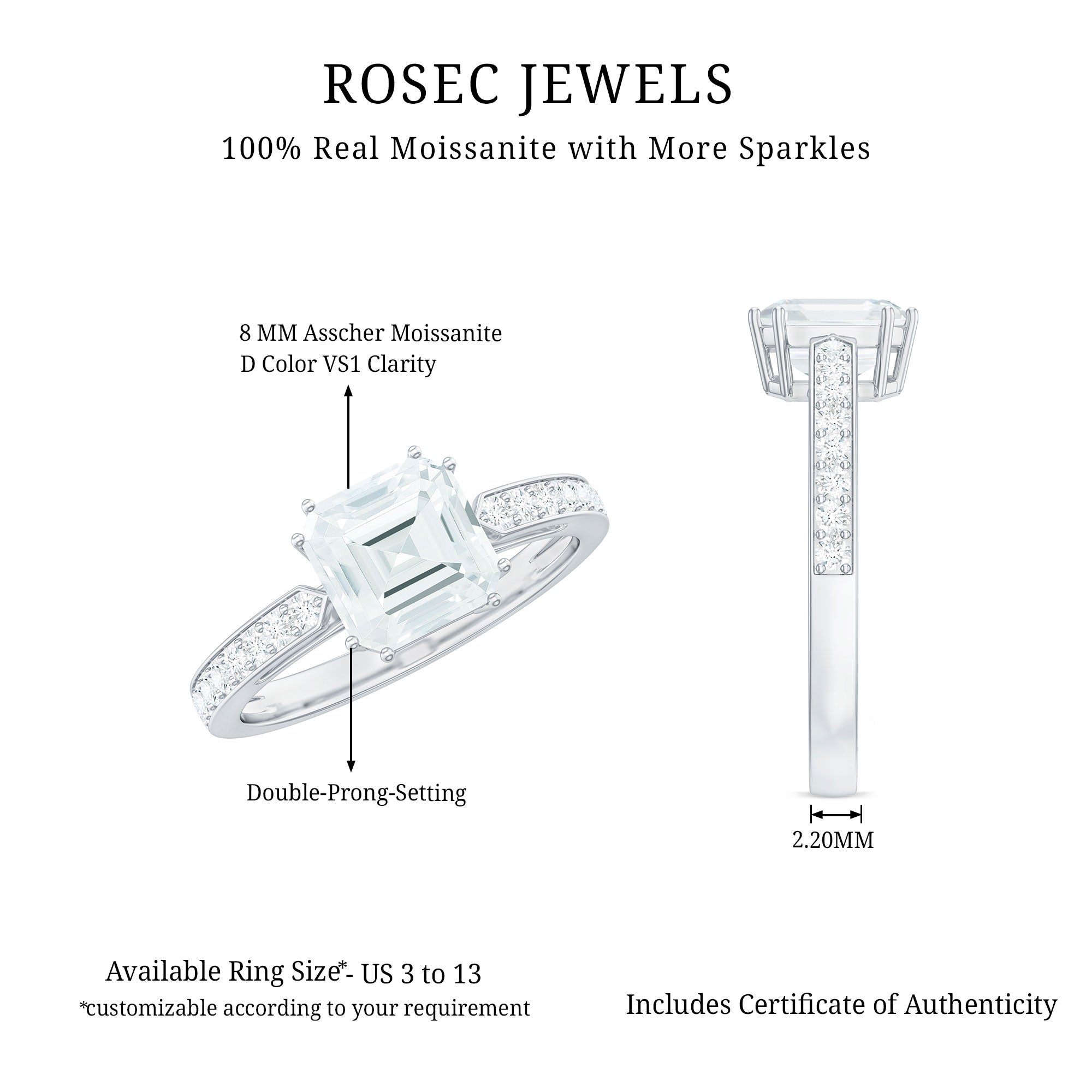 3 Carat Asscher Cut Moissanite Solitaire Engagement Ring with Side Stones