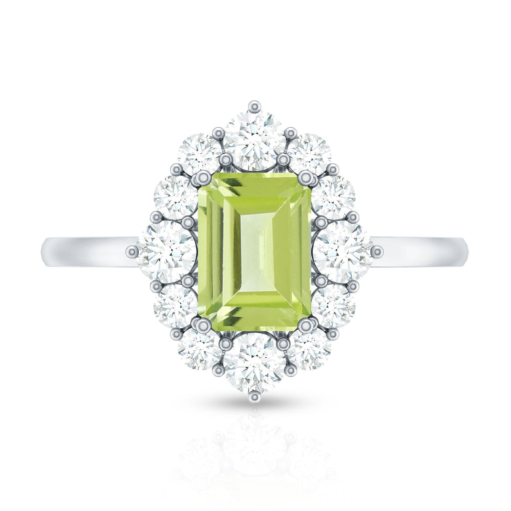 Natural 1.8 Carat Peridot Emerald Cut Engagement Ring with Diamond Halo