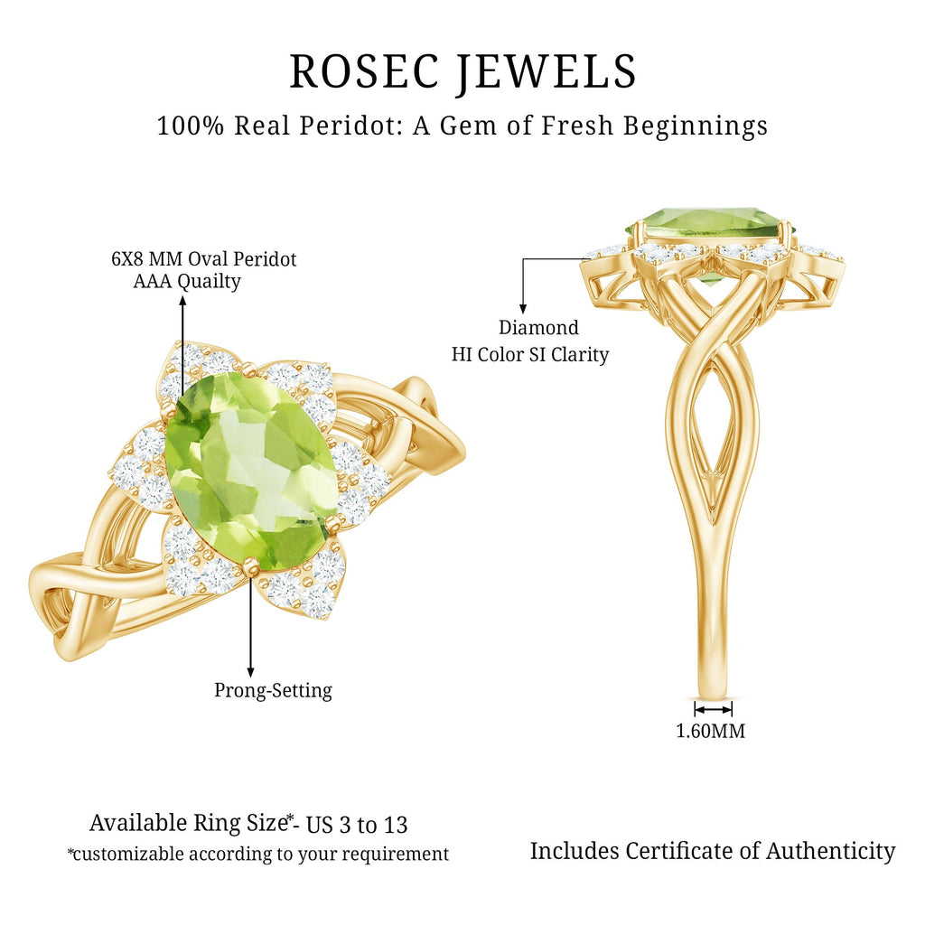 Natural 1 Carat Oval Peridot Flower Engagement Ring with Diamond