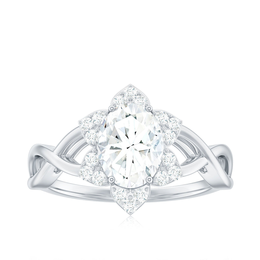 Certified Moissanite Flower Halo Engagement Ring with Criss Cross Band