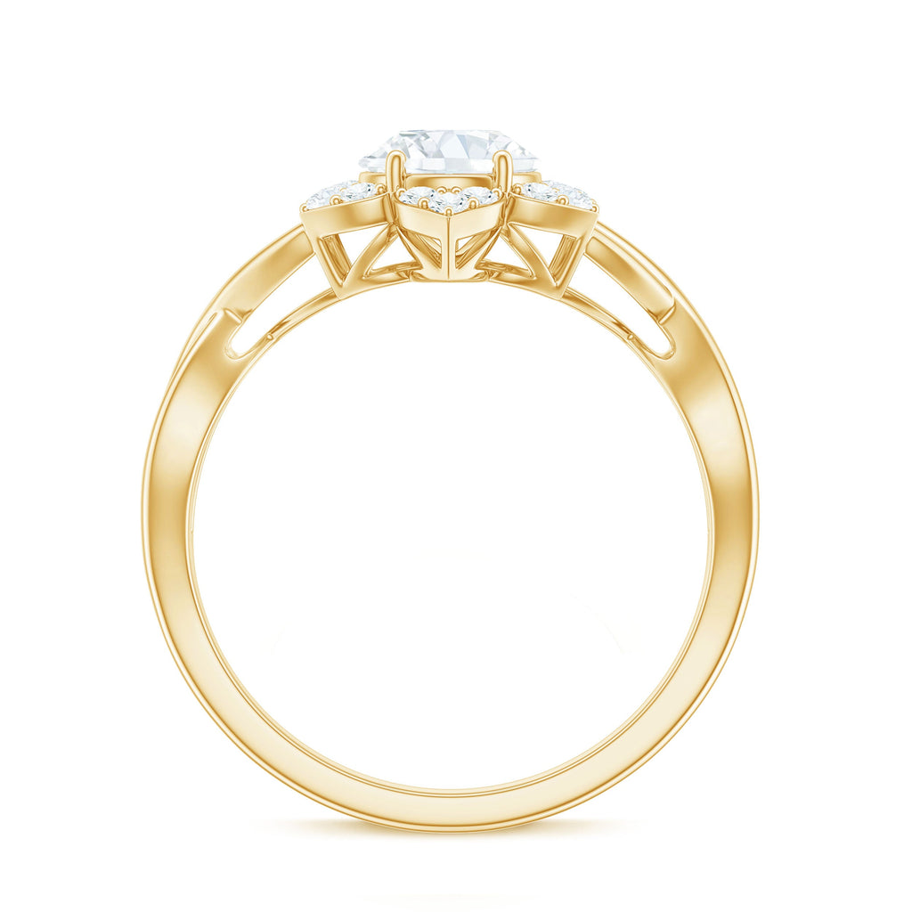 Certified Moissanite Flower Halo Engagement Ring with Criss Cross Band