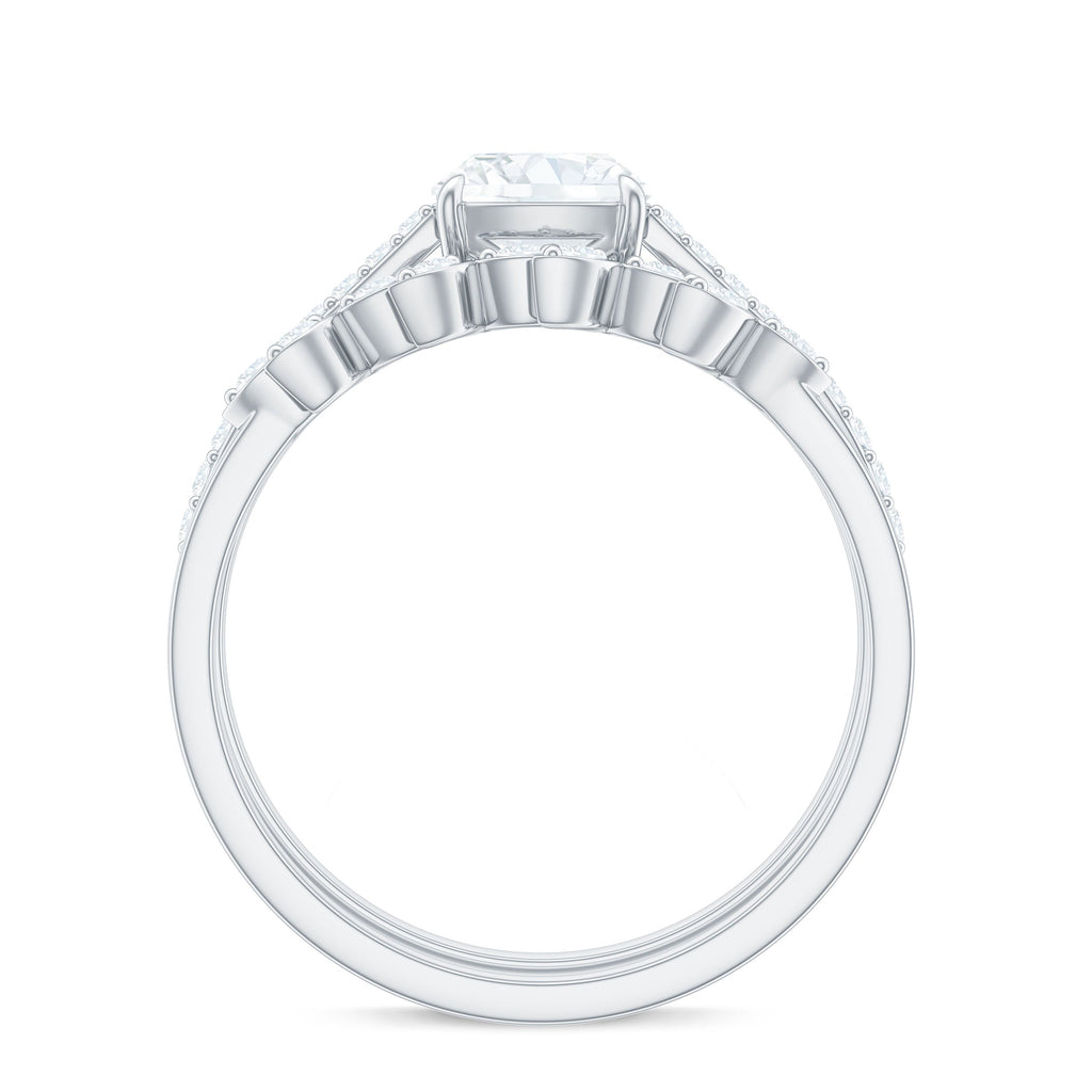 Claw Set Cushion Cut Moissanite Engagement Ring with Leaf Wedding Band