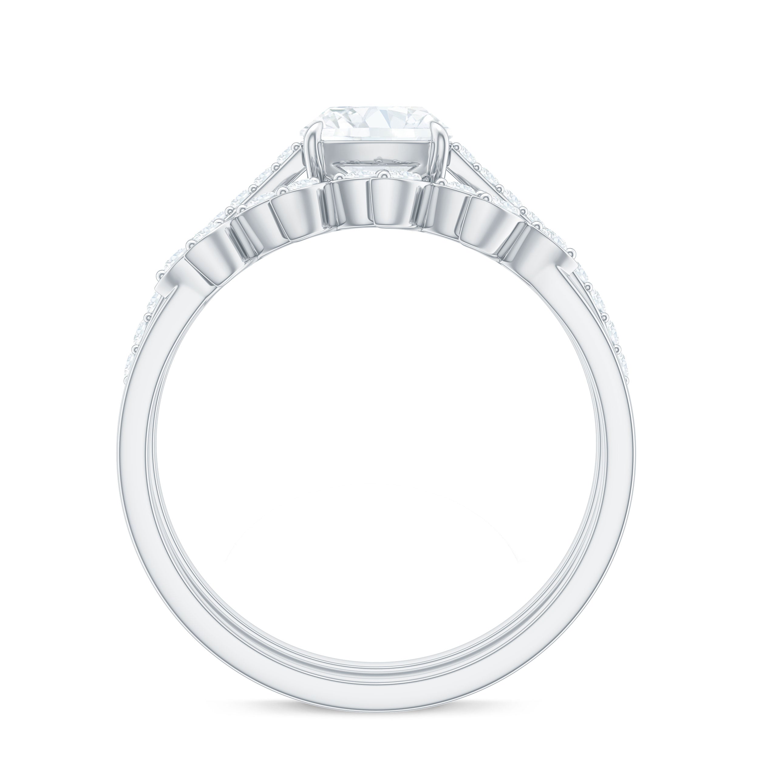Claw Set Cushion Cut Moissanite Engagement Ring with Leaf Wedding Band
