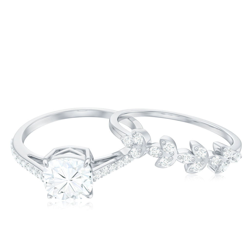 Claw Set Cushion Cut Moissanite Engagement Ring with Leaf Wedding Band