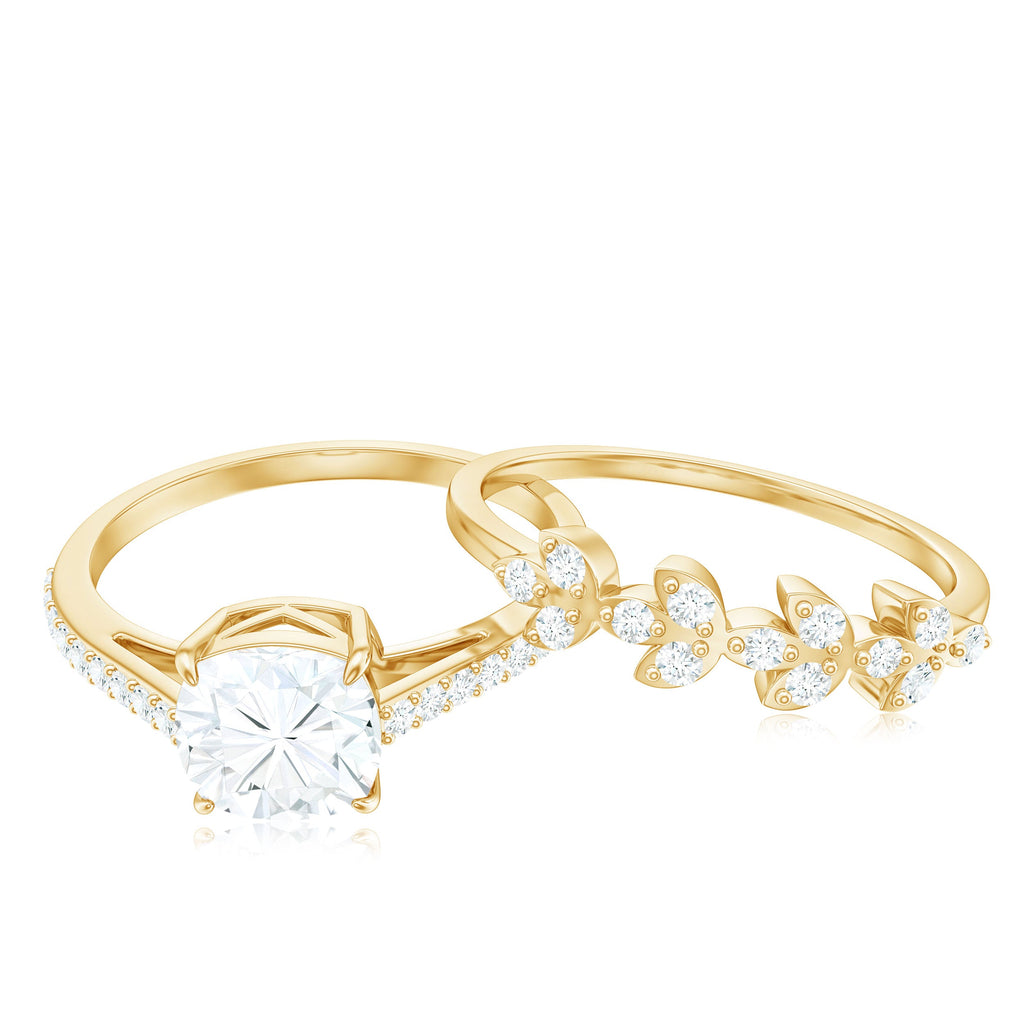 Claw Set Cushion Cut Moissanite Engagement Ring with Leaf Wedding Band