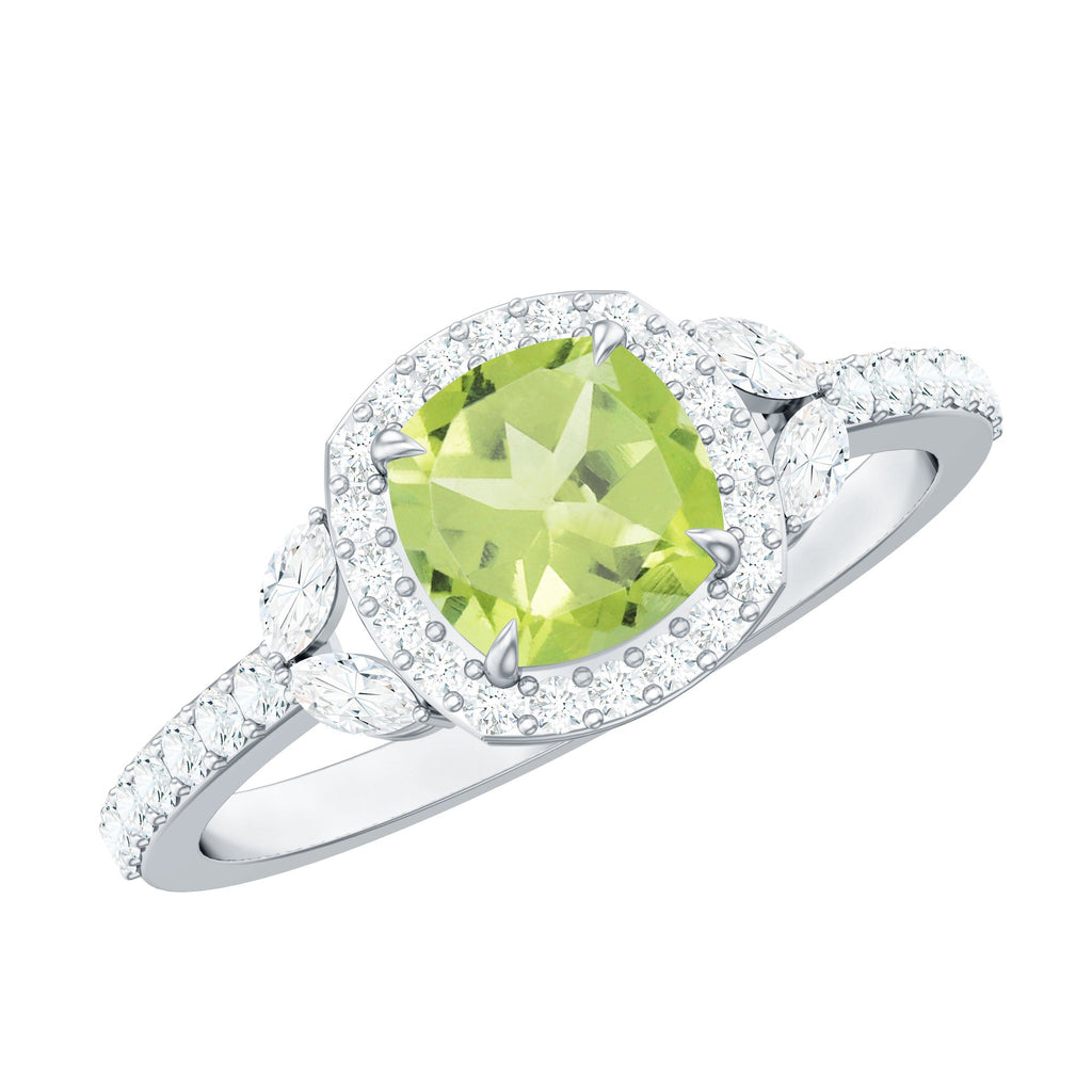 Natural 2 Carat Peridot Cushion Cut Engagement Ring with Diamond Halo