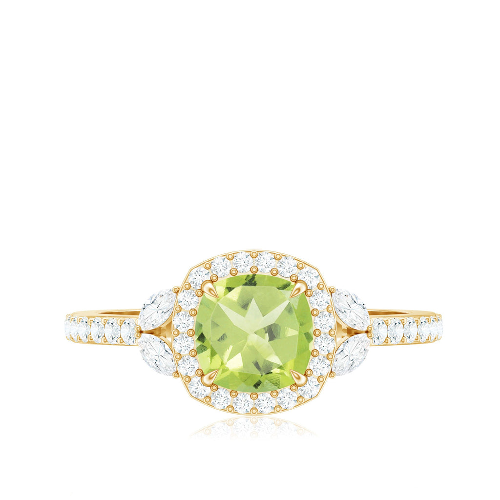 Natural 2 Carat Peridot Cushion Cut Engagement Ring with Diamond Halo