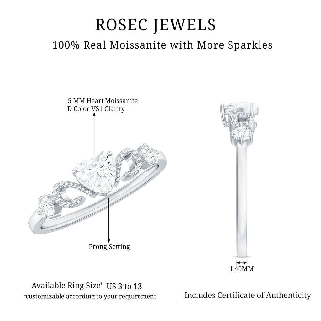 Certified Moissanite Heart Promise Ring with Beaded Detail