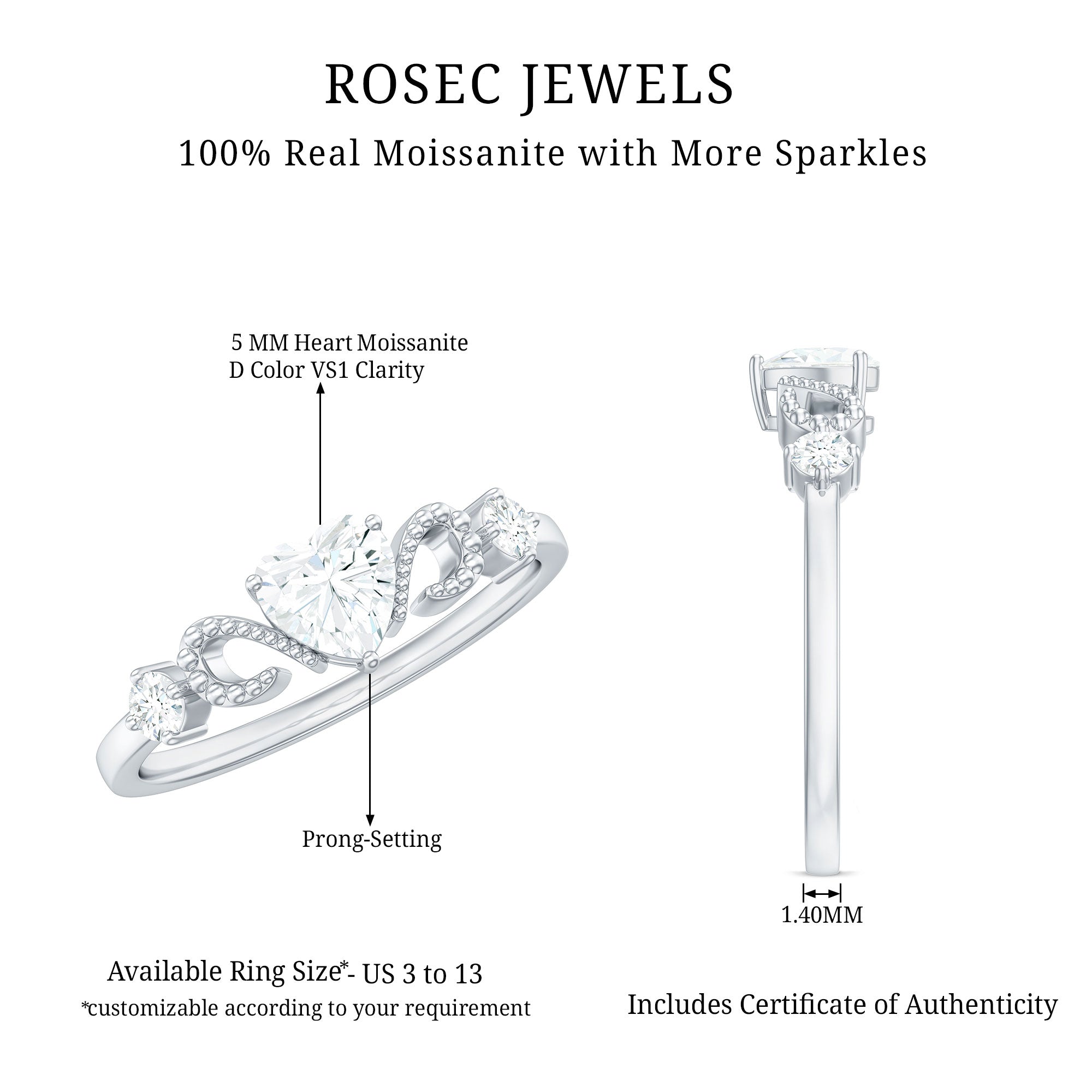 Certified Moissanite Heart Promise Ring with Beaded Detail