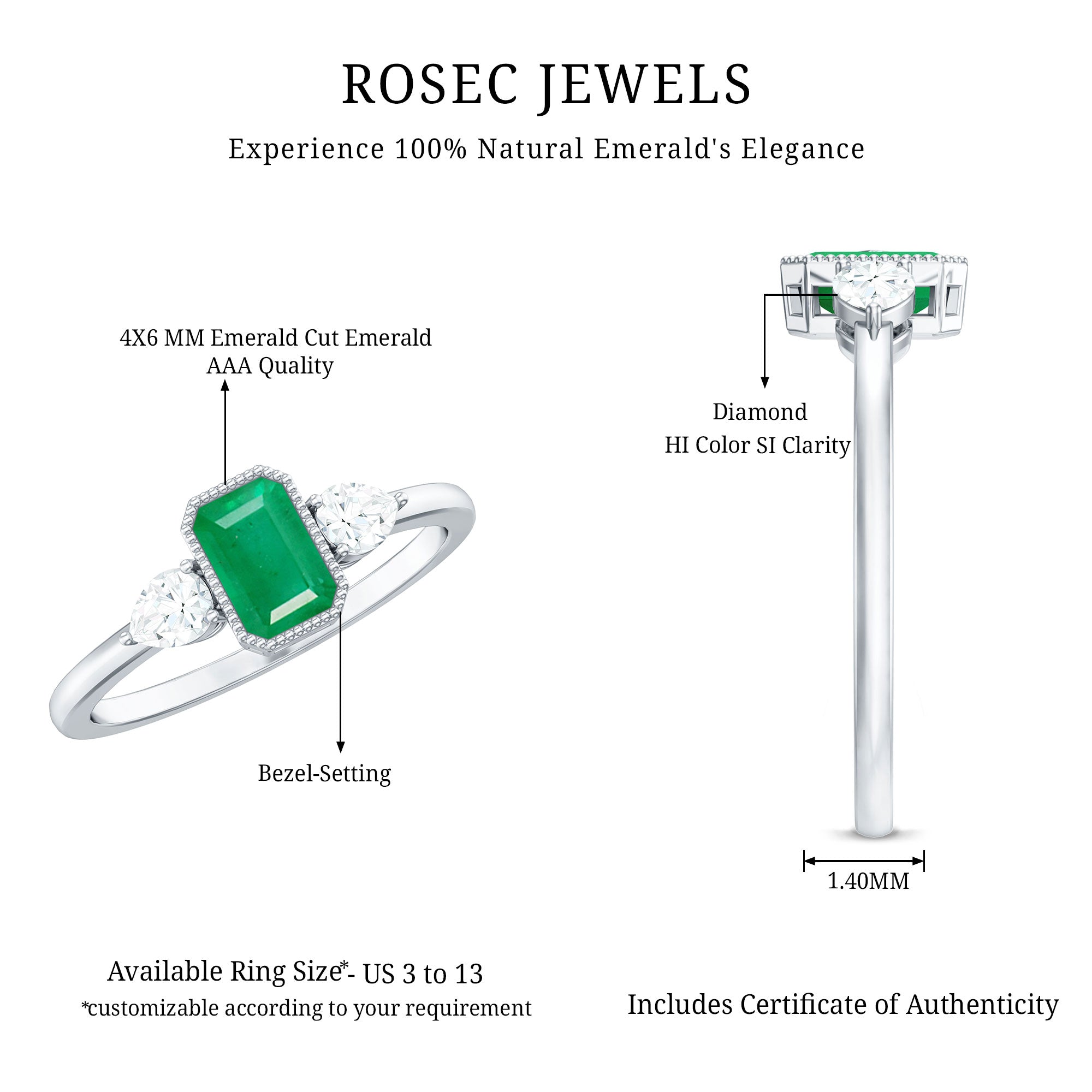 0.6 Carat Emerald 3 Stone Ring with Diamond