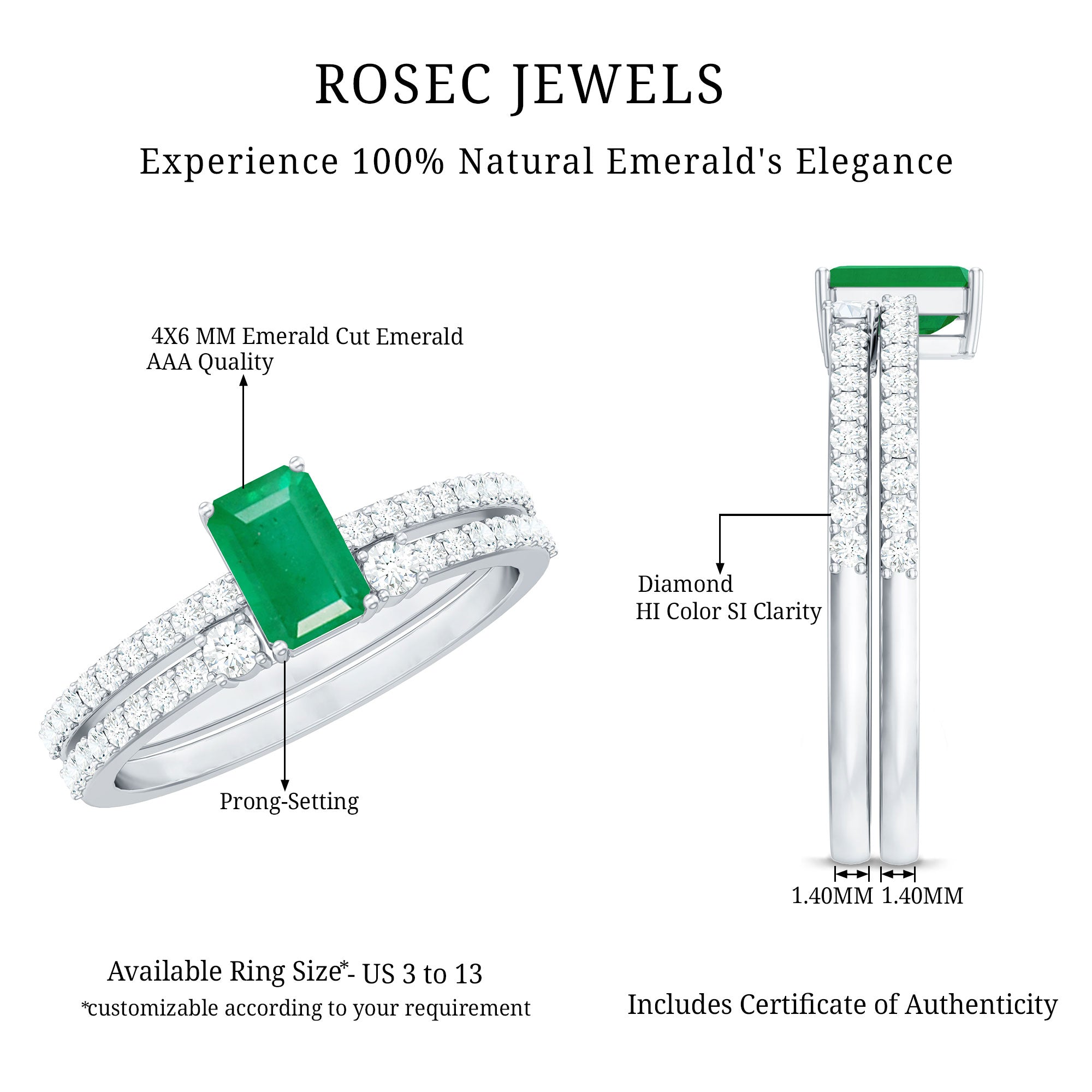 Genuine Emerald Diamond Emerald Cut Engagement Ring and Wedding Band Set