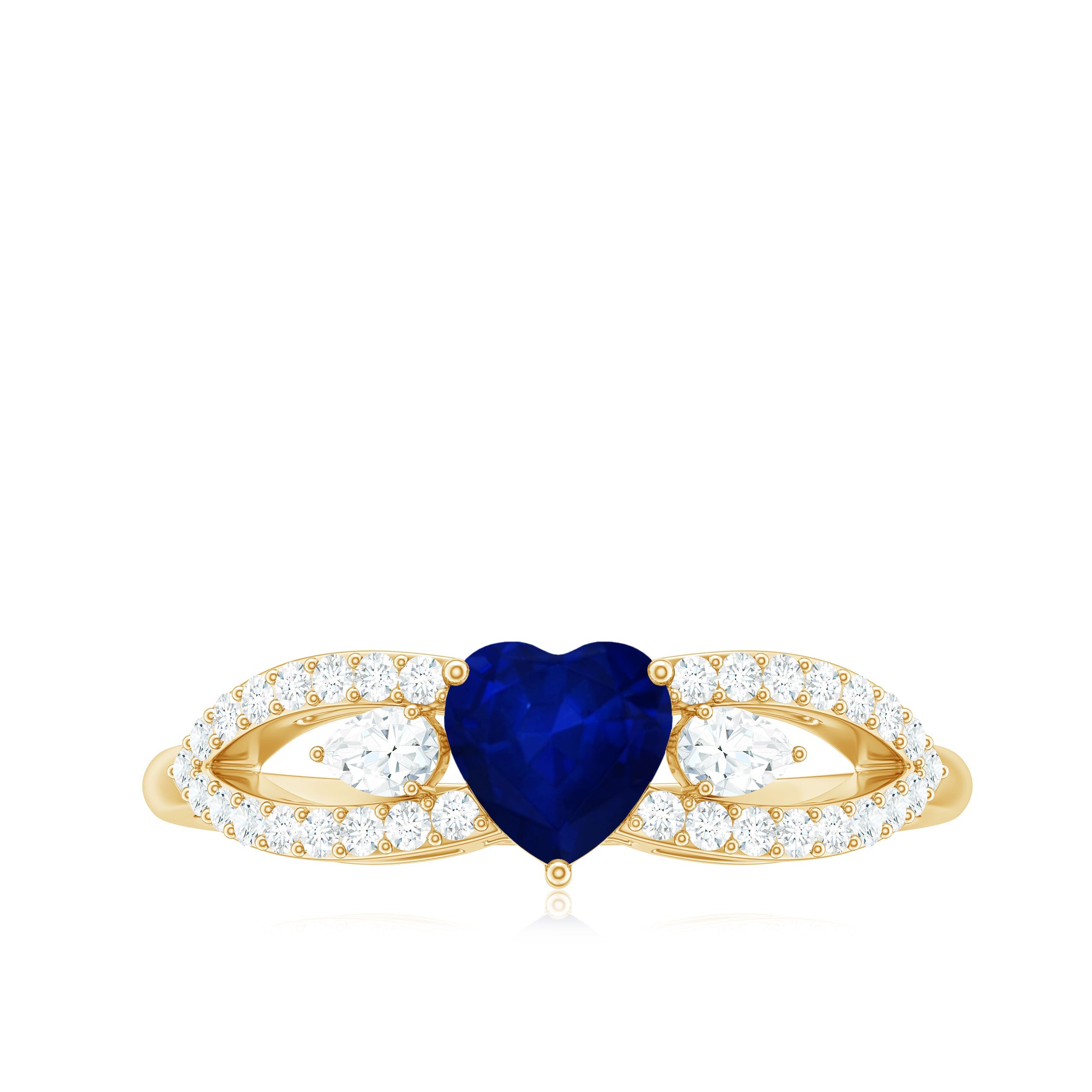 Real 0.6 Carat Blue Sapphire and Diamond Heart Promise Ring with Split Shank