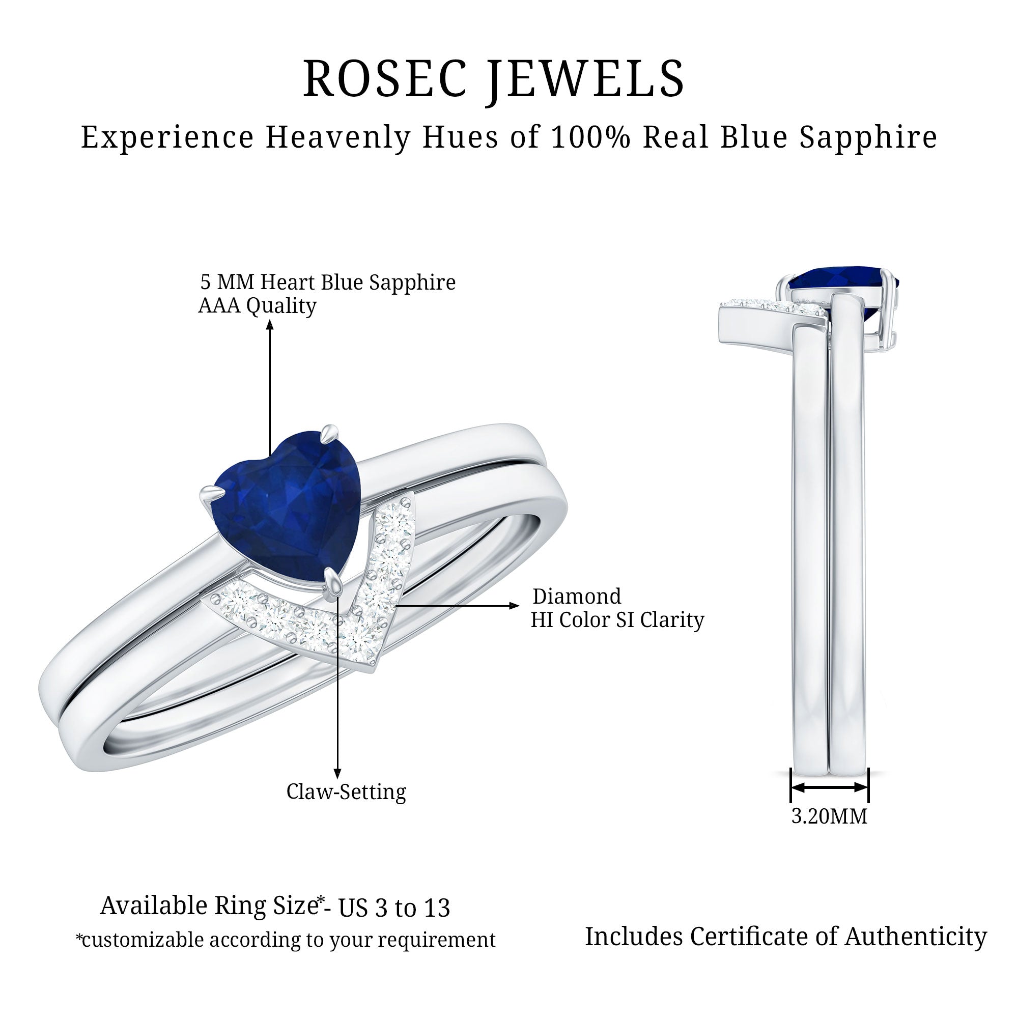 0.6 Carat Heart Shape Blue Sapphire Solitaire Ring Set with Diamond Chevron Band