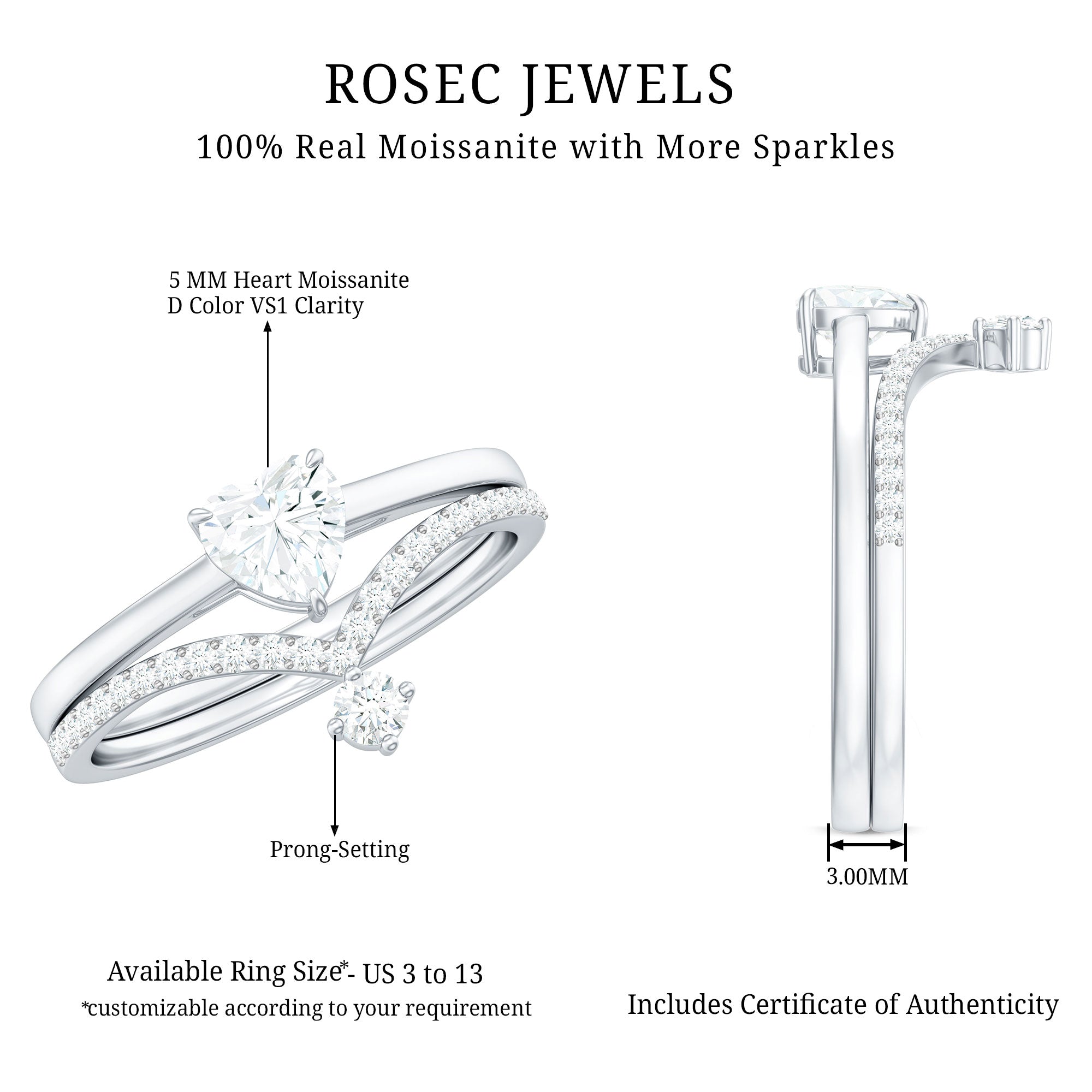 Heart Shape Moissanite Solitaire Engagement Ring with Enhancer