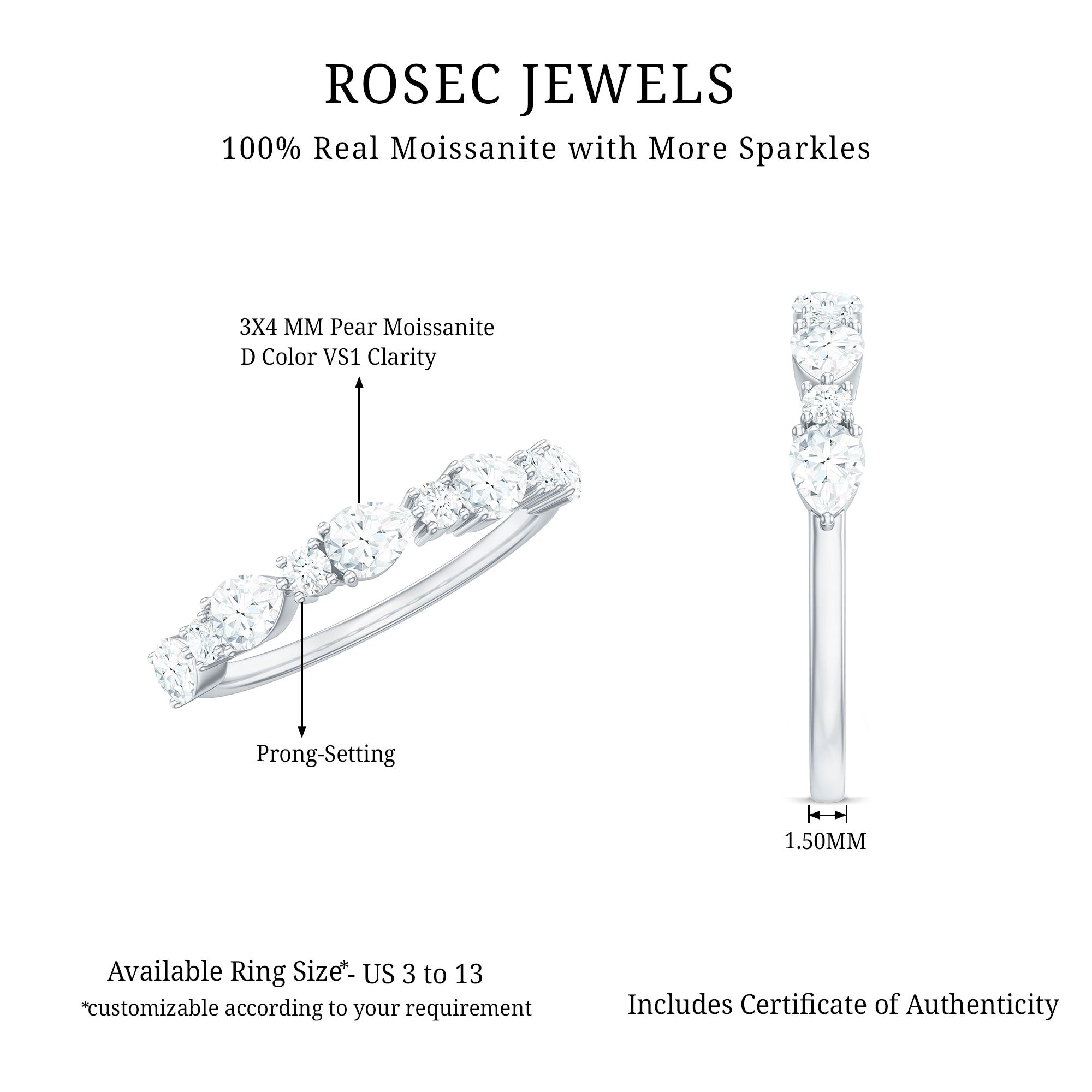Certified Moissanite Half Eternity Stackable Ring for Women