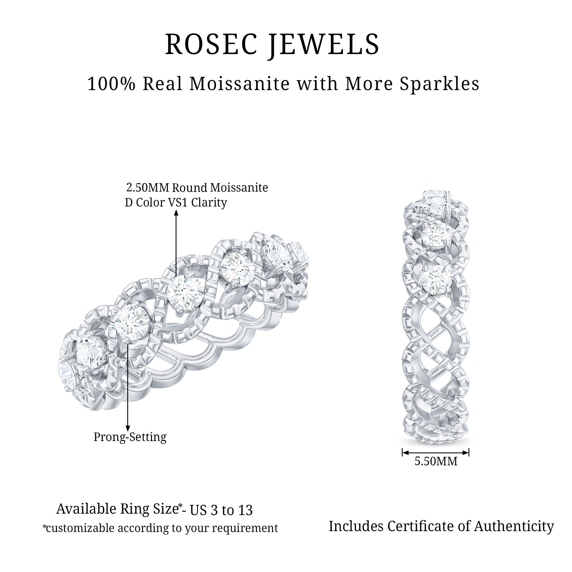 Round Moissanite Twisted Half Eternity Wedding Band