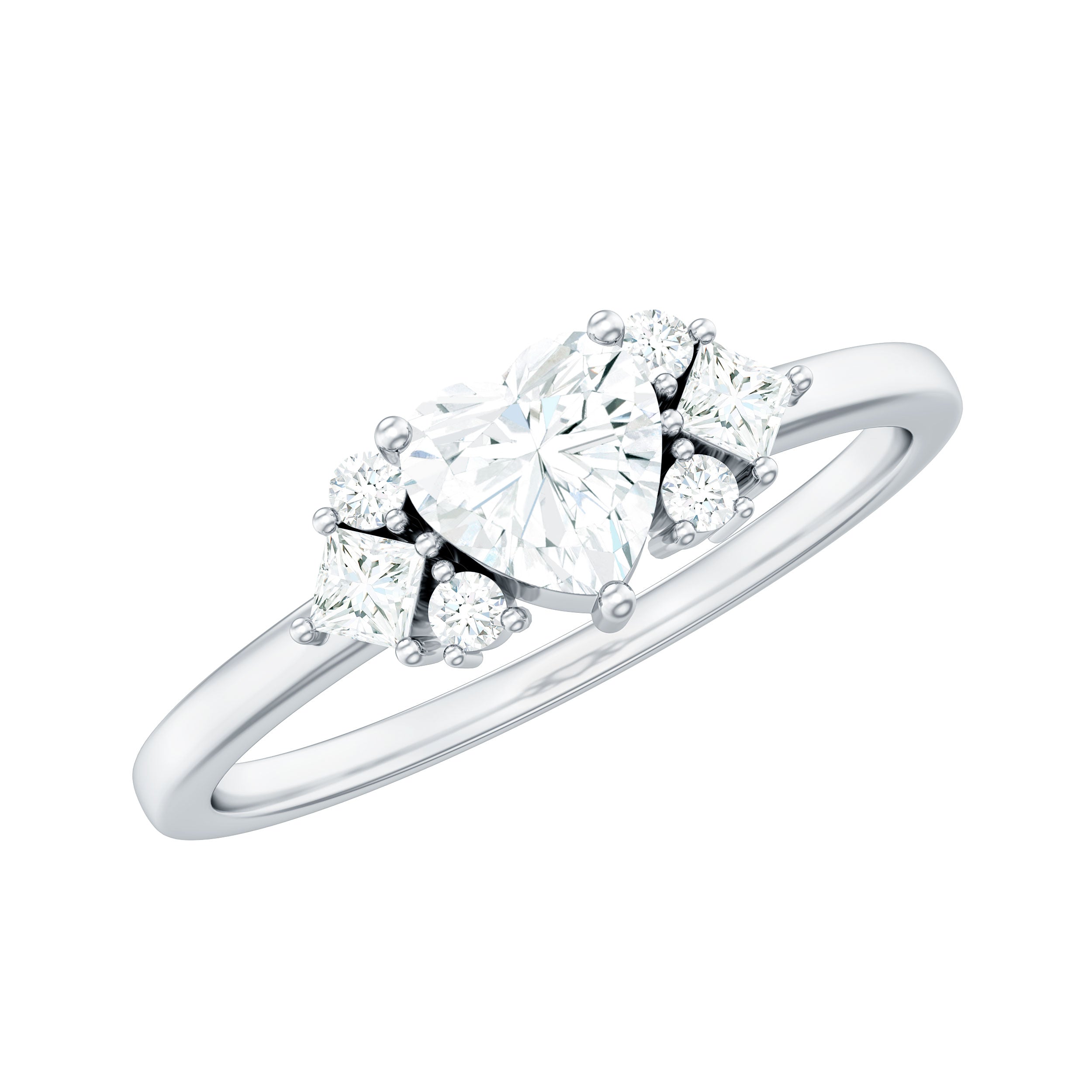 Heart Shape Moissanite Engagement Ring with Cluster Stones