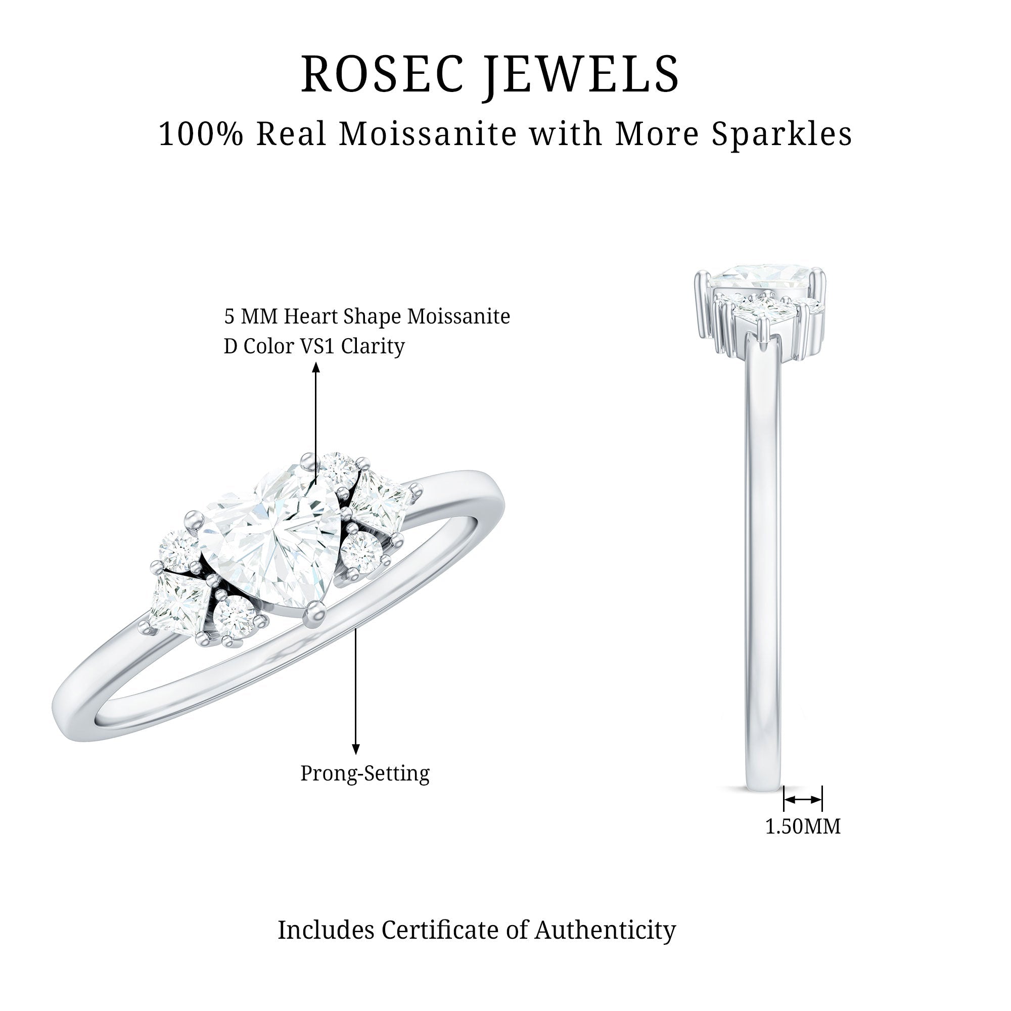 Heart Shape Moissanite Engagement Ring with Cluster Stones