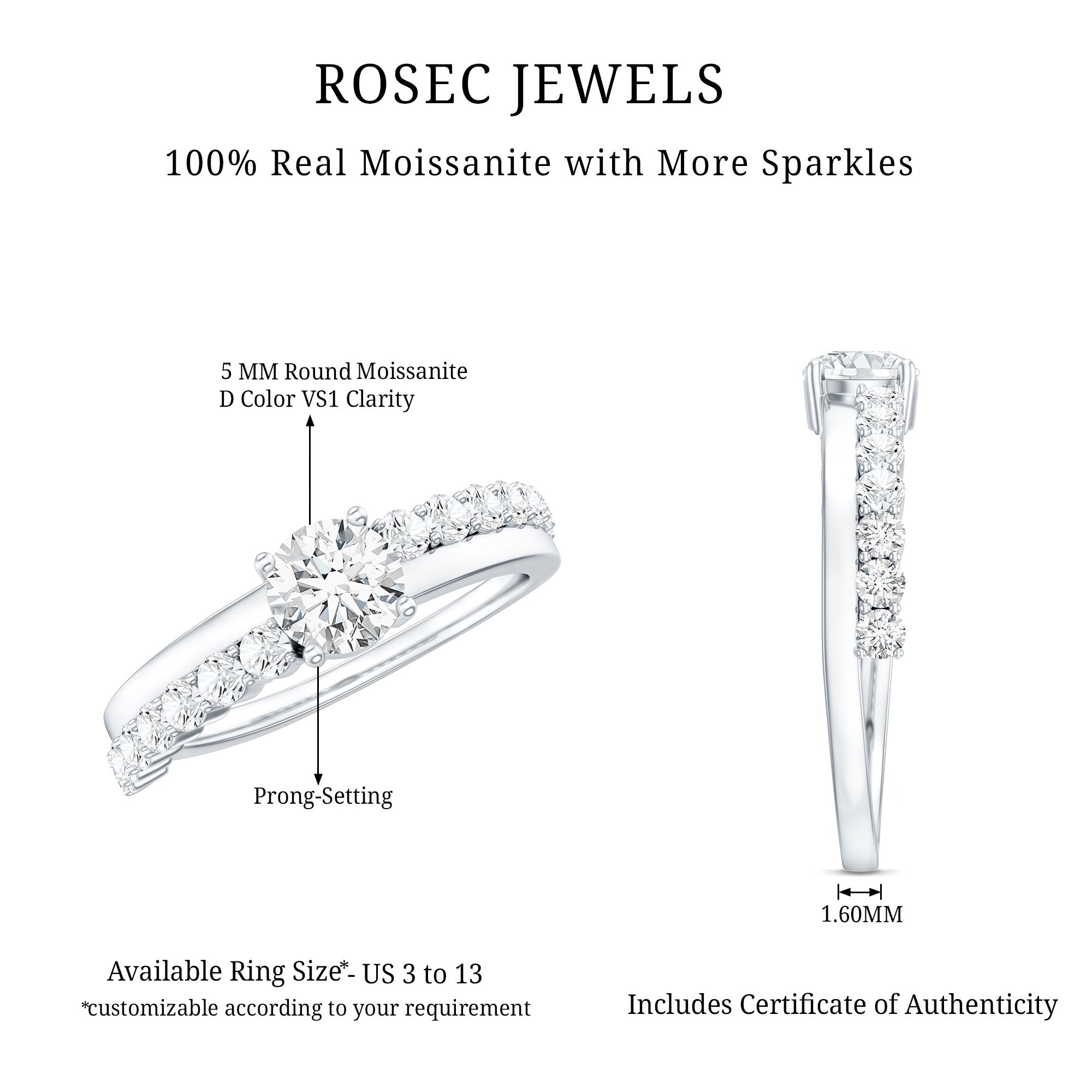 Round Cut Moissanite Engagement Ring with Side Stones
