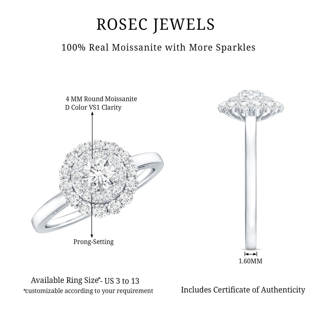 Certified Round Moissanite Double Halo Engagement Ring