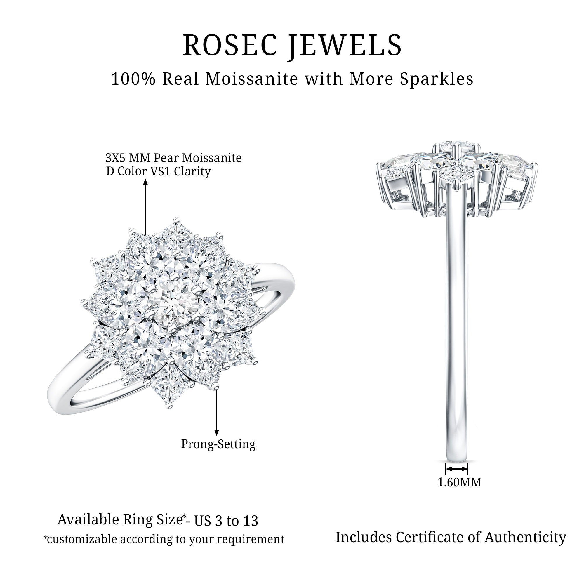 Womens Moissanite Flower Engagement Ring with Certificate