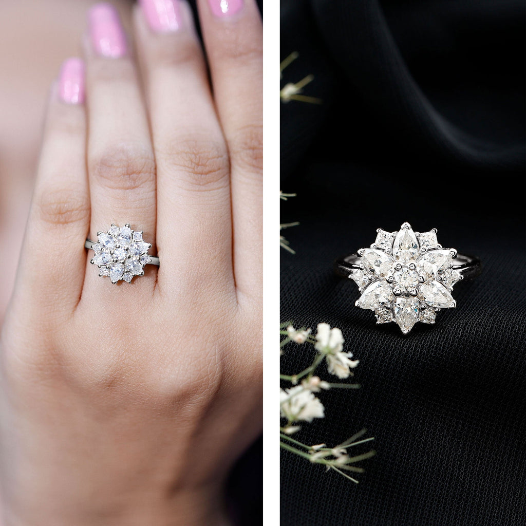 Womens Moissanite Flower Engagement Ring with Certificate
