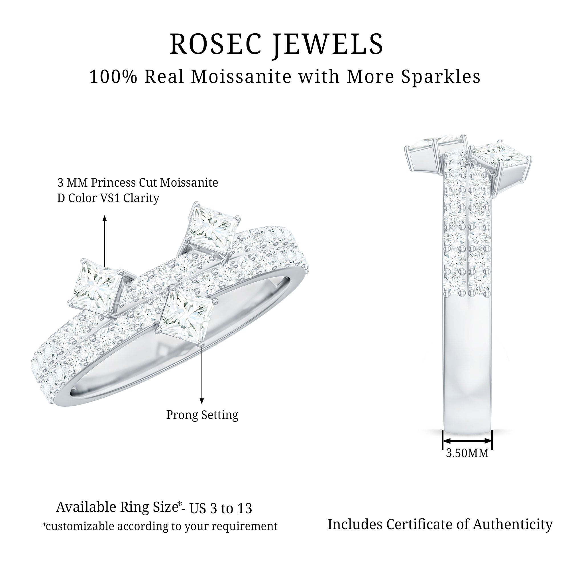 Princess and Round Cut Moissanite Designer Wedding Band