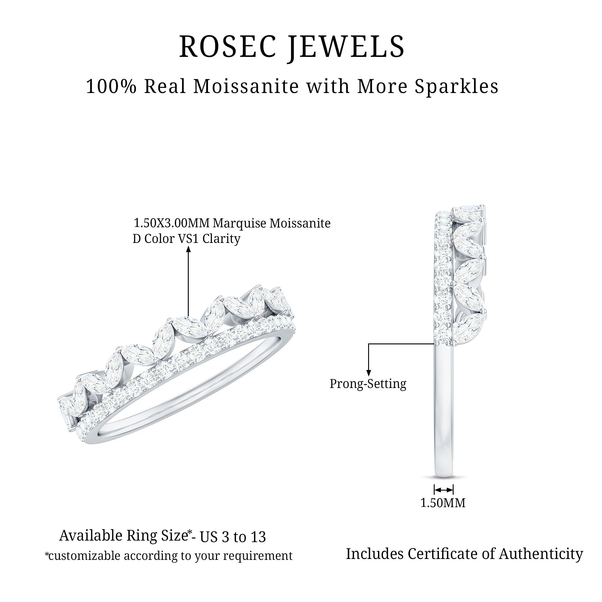 Certified Moissanite Half Eternity Wedding Band in Crown Style