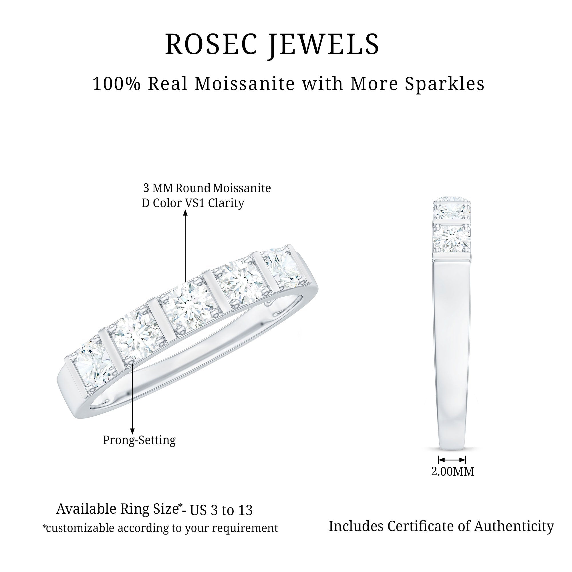 Round Cut Certified Moissanite Five Stone Anniversary Band for Men