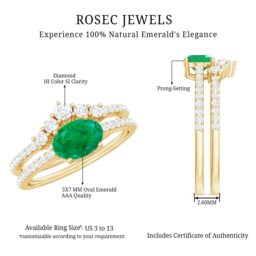 Natural Oval Emerald Diamond East West Engagement Ring and Wedding Band Set