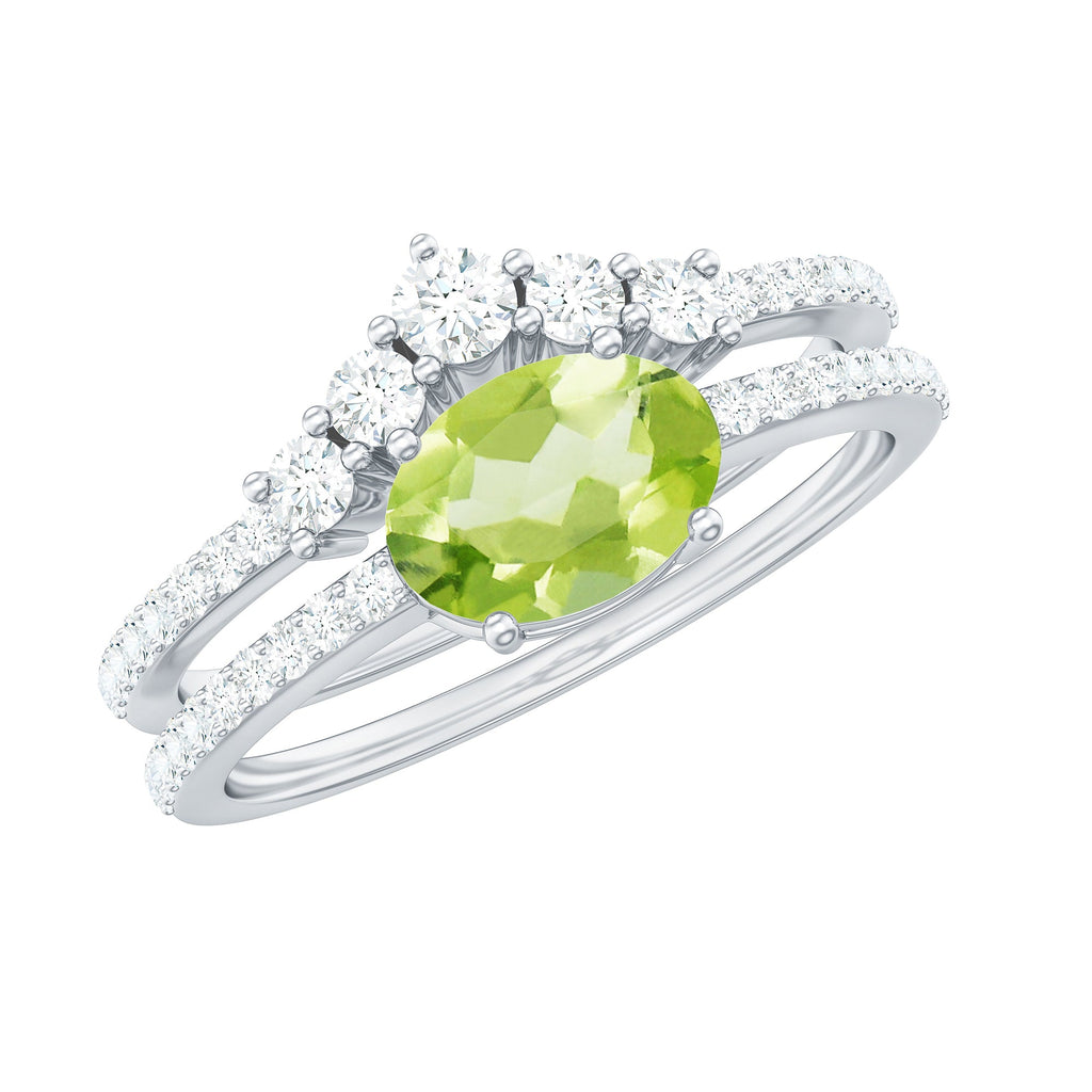 Natural 1 Carat Peridot Oval Wedding Engagement Ring Set with Diamond