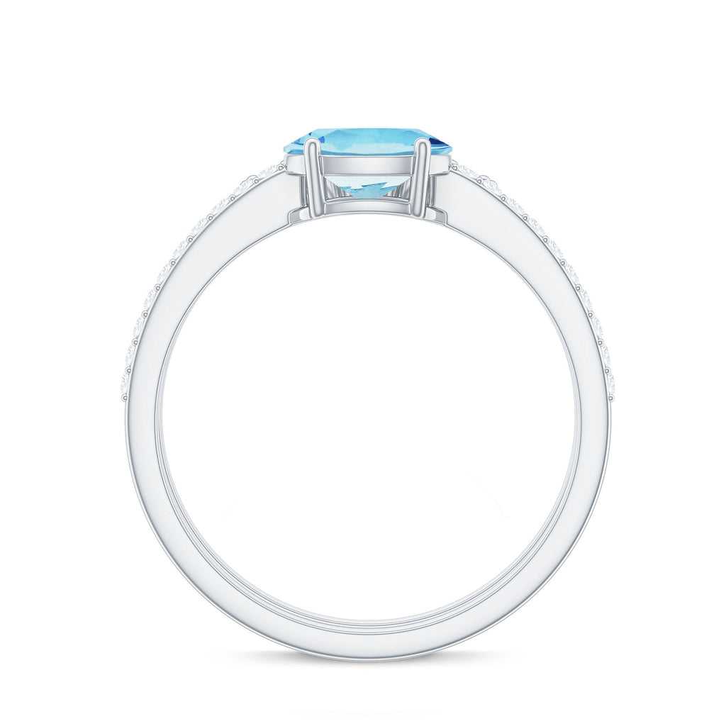 Real Oval Aquamarine Diamond East West Engagement Ring and Wedding Band Set