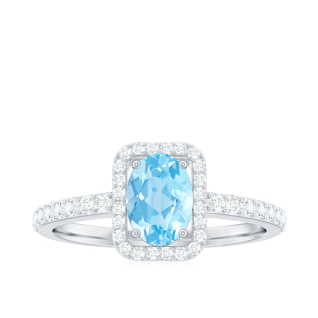 Certified Real Aquamarine Oval Engagement Ring with Diamond Halo