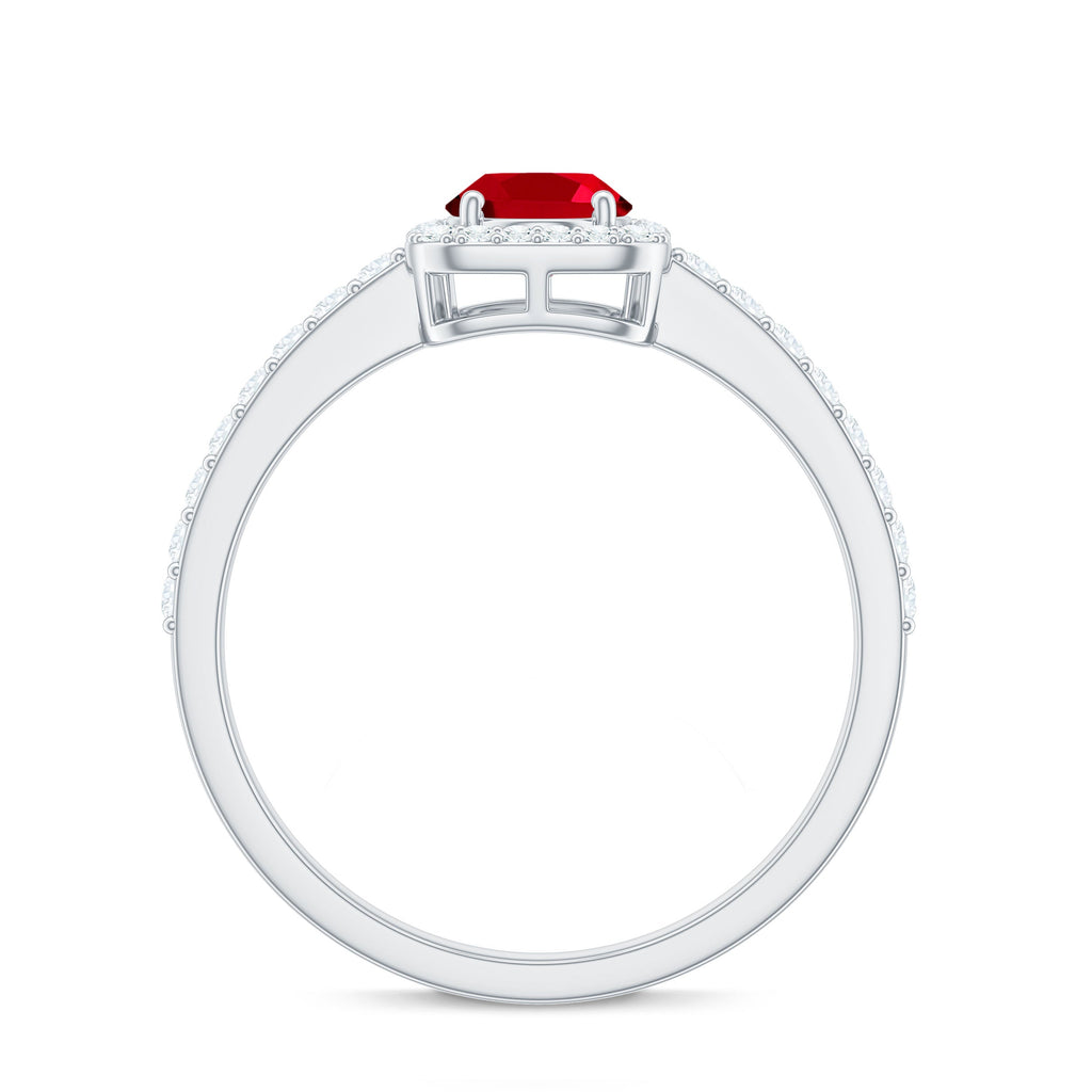 Oval Cut Lab Created Ruby and Diamond Halo Engagement Ring