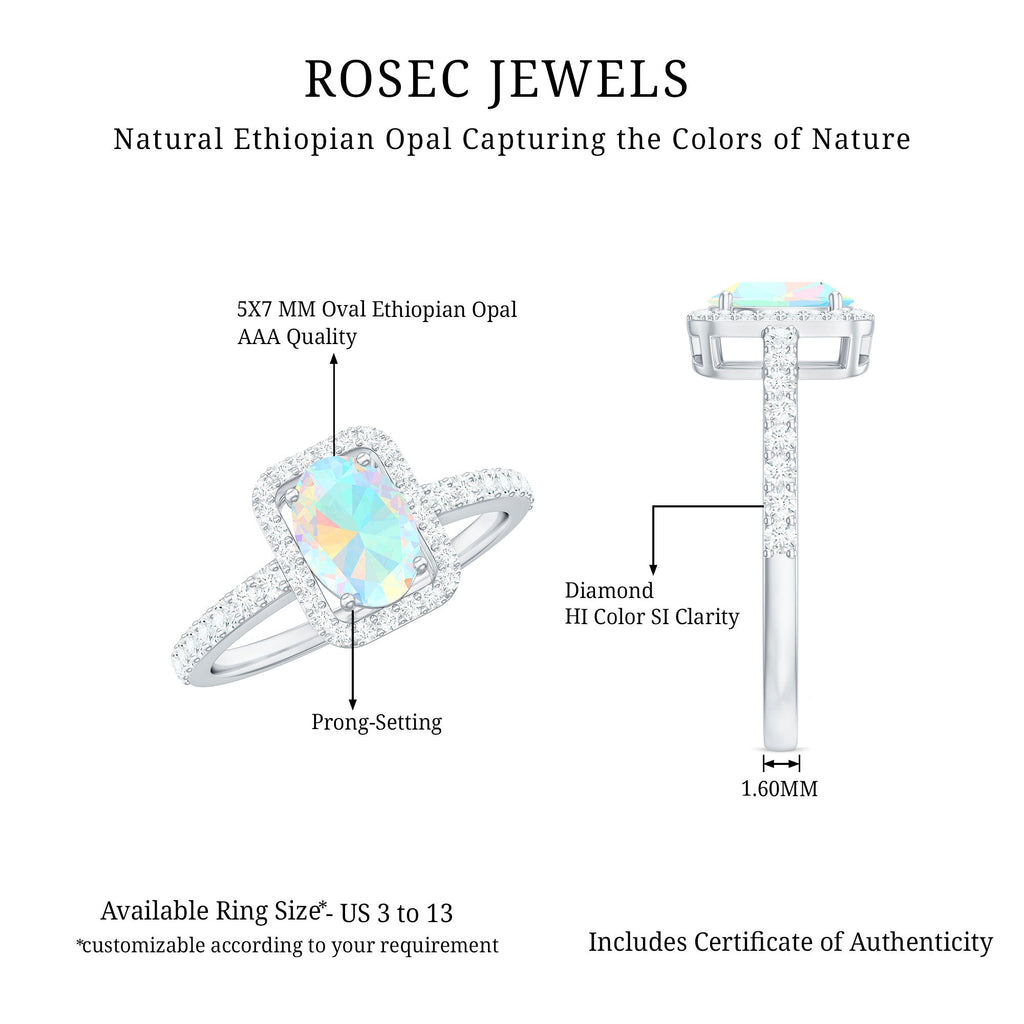 Classic Ethiopian Opal Oval Engagement Ring with Diamond Halo