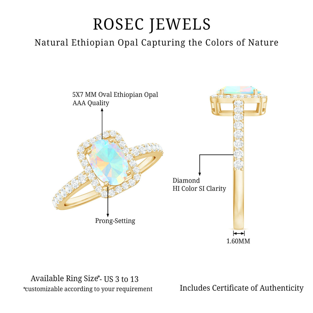 Classic Ethiopian Opal Oval Engagement Ring with Diamond Halo