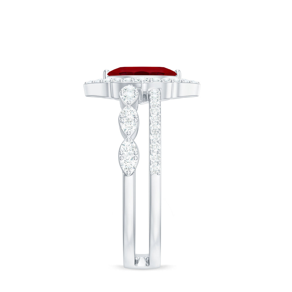 Vintage Inspired Lab Ruby and Diamond Double Band Engagement Ring
