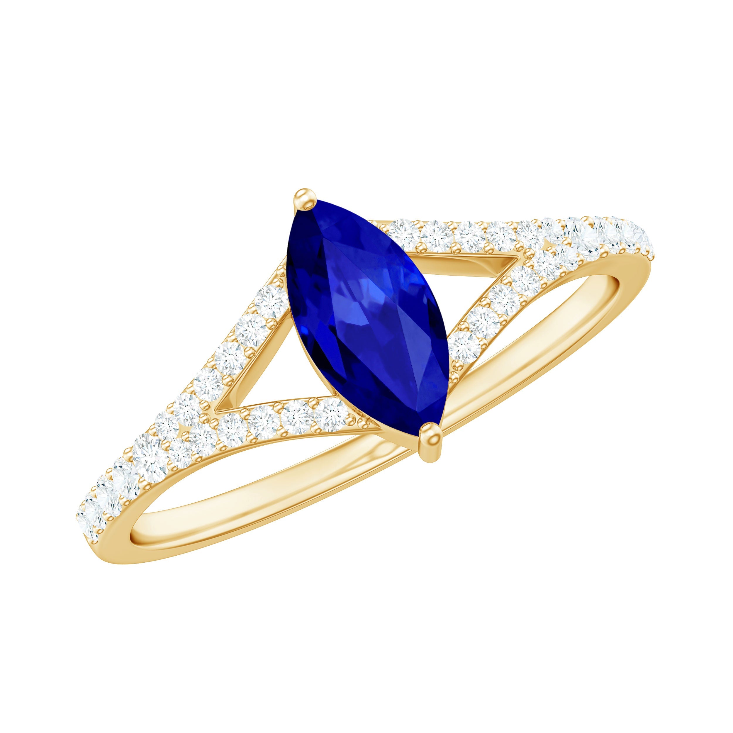 Certified 0.75 Carat Lab Grown Blue Sapphire Marquise Engagement Ring with Diamond Split Shank